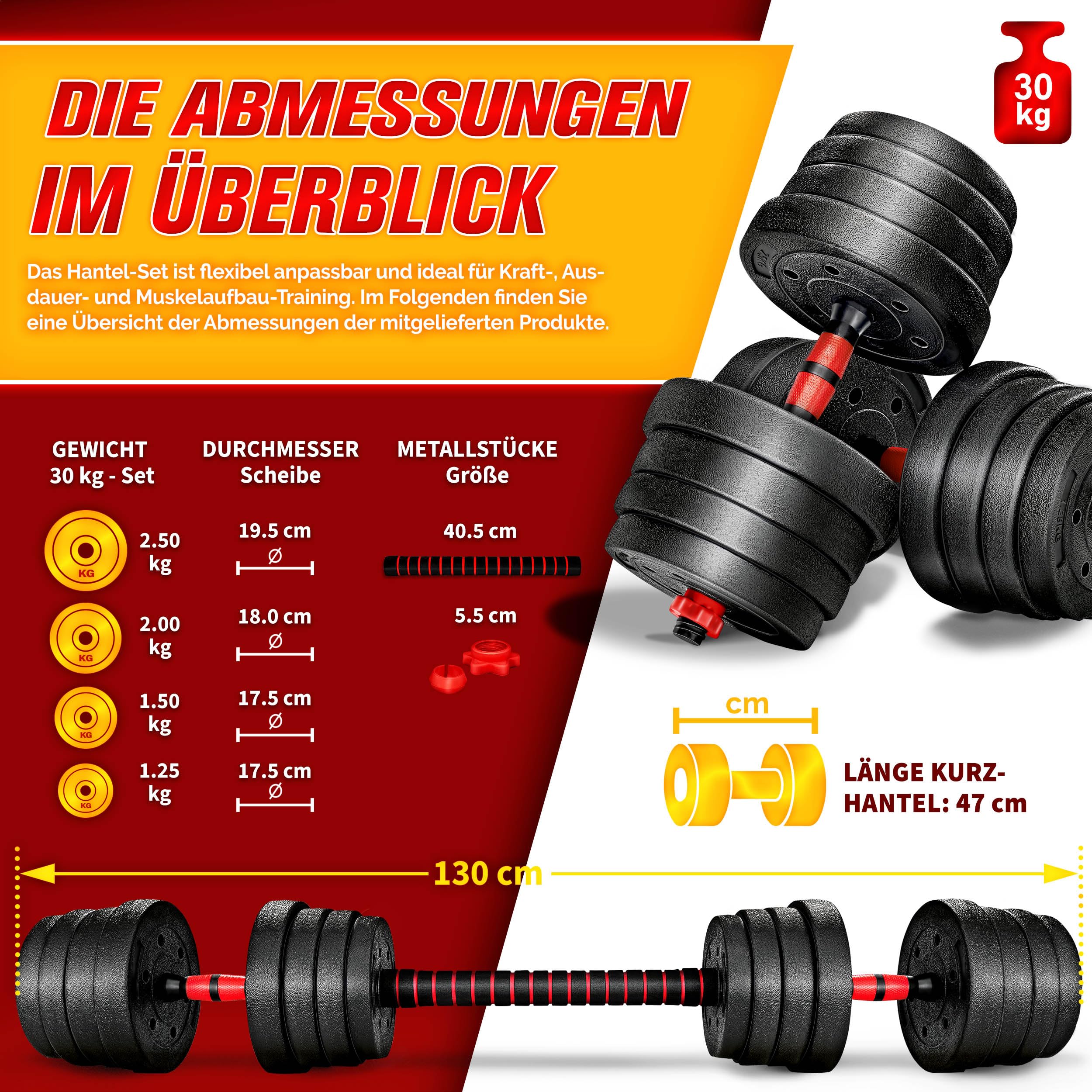 RE:SPORT 2 in 1 Hanteln Set 15-30kg | Hantelset verstellbar | Kurzhantel & Langhantel | Sternverschlüsse & Verbindungsrohr