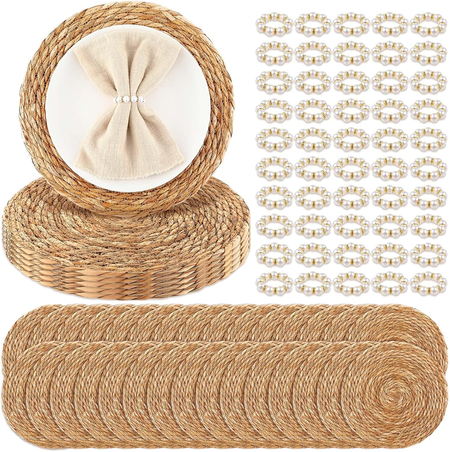 50 Pcs 13 Inch Round Woven Placemats with 50 Pcs Pearl Napkin Rings Cattail Placemats Bulk Boho Farmhouse Rustic Woven Chargers Natural Bulrush Place Mat for Wedding Party, Dinner Table