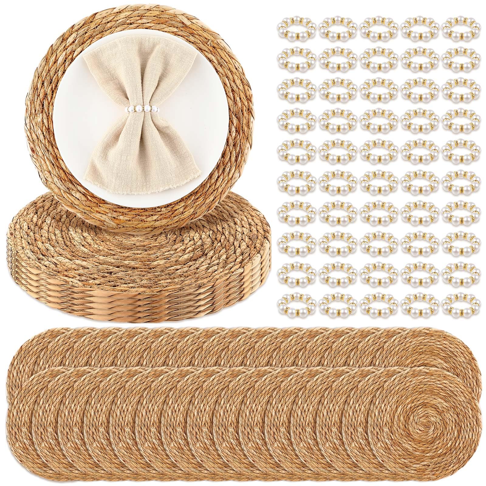 Photo 1 of 50 Set 13 Inch Round Woven Placemats with Pearl & Rhinestone Napkin Rings