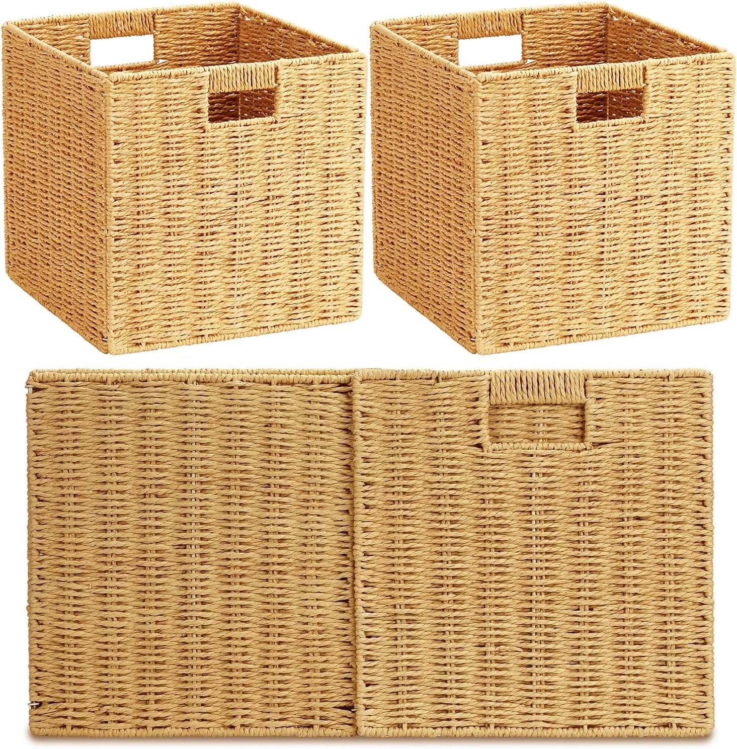 10.5'' Foldable Large Cube Paper Rope Storage Baskets with Handles and Built-in Metal Frame, 2pcs Stylish and Durable Woven Open Storage Bins Perfect for Toy Shelves and Living Room Organizing