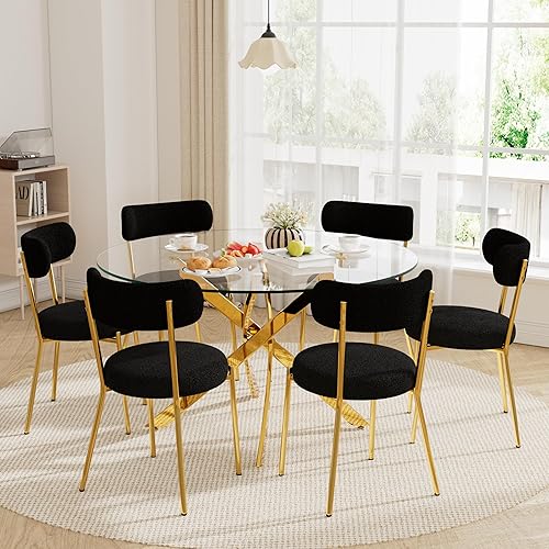 Miniatura 10 de Juego de mesa de comedor redonda de 47 pulgadas para 4, mesa de cocina redonda pequeña con 4 sillas de cena Boucle, mesa de comedor moderna de Negro