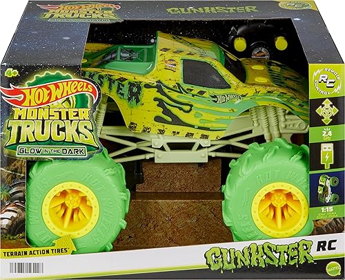 Miniatura 6 de Hot Wheels Monster Trucks - Camión Gunkster RC a escala 115, brilla en la oscuridad, neumáticos de acción de terreno con capacidad todoterreno