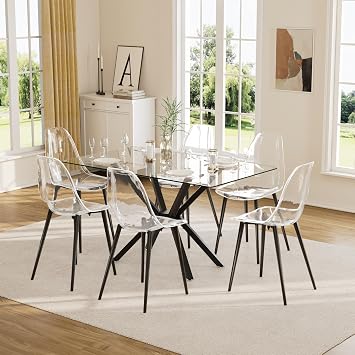 Baysitone 7 Piece Glass Dining Table Set, 47" Kitchen Table and Clear Dining Chairs for 6, Modern Room Sets for Home, Kitchen, Living RoomBlack