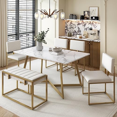 6 Piece Faux Marble Dining Table Set with Bench and Chairs, Modern Industrial Kitchen Dining Set with Faux Marble Table and Upholstered Seating with Metal Frame for Small Space