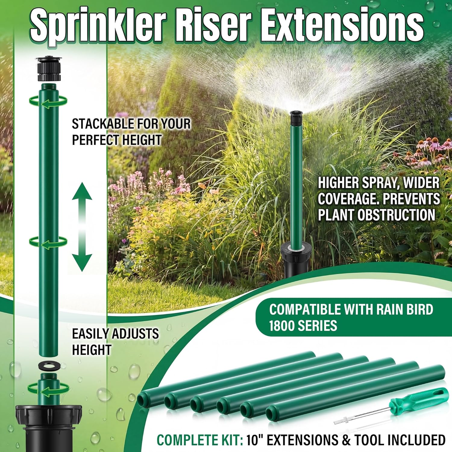 10" Popup Riser Extension Compatible with Rain Bird 1800& Hunter Pro-Spray Sprinklers, Sprinkler Head Riser Extender with RotorTool, Garden Lawn Irrigation Spray Head, 7 Set(Green)