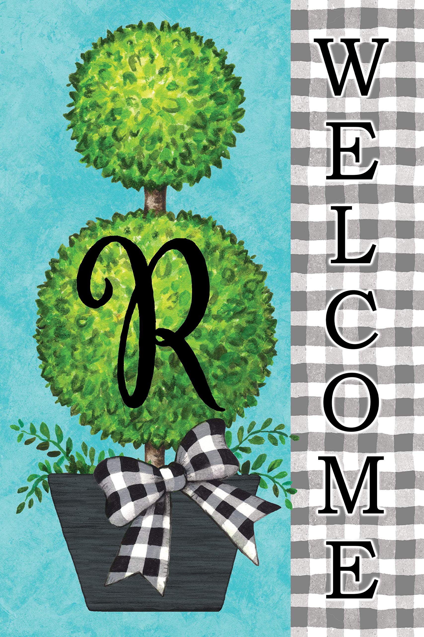 Gingham Topiary - Letter R - Embroidered Monogram - Decorative Double Sided Flag - Garden Size, 12 Inch X 18 Inch, Licensed, Copyright & Trademark CDI. USA