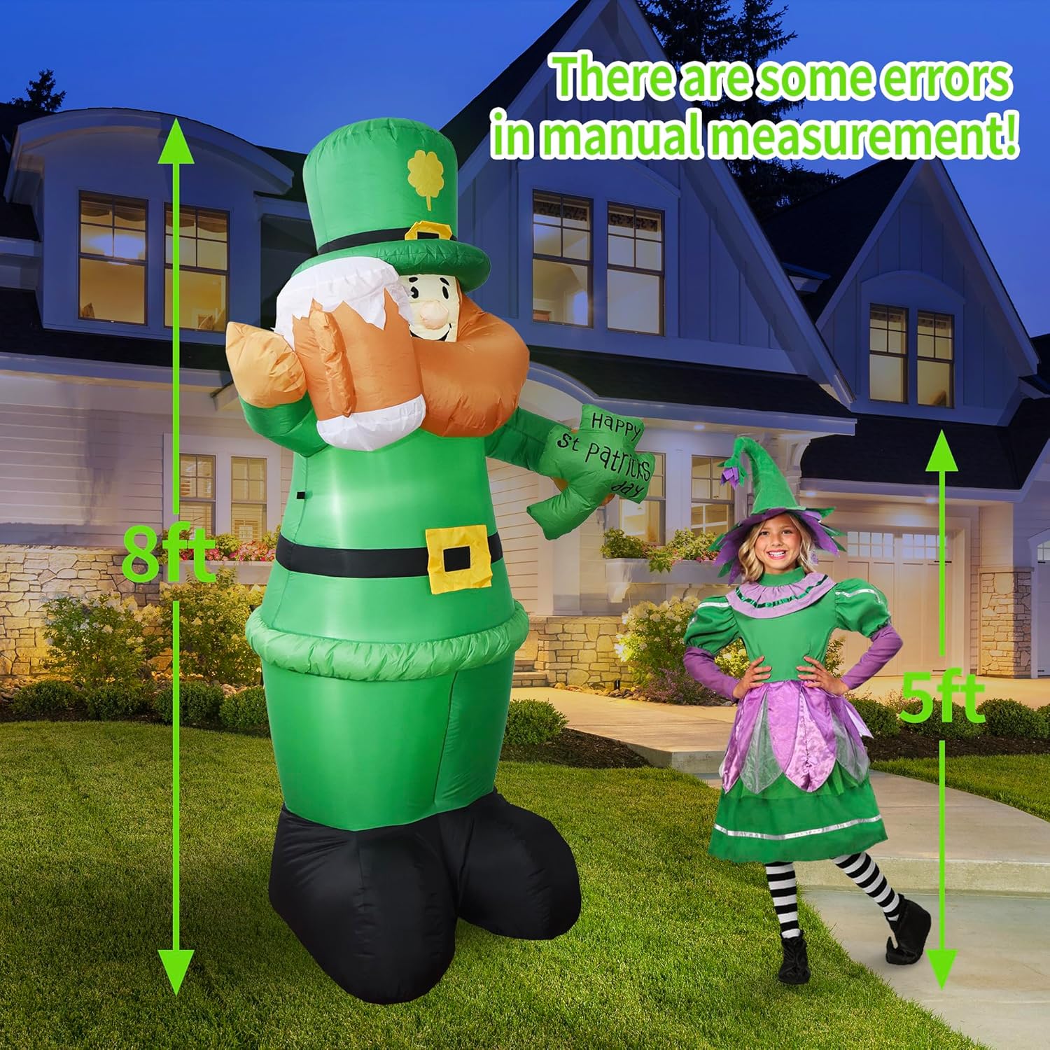 DearSun 8FT St Patrick's Day Inflatable Leprechaun, Giant St Patricks Blow Up Decor Holding Beer and Shamrock with Built-in LED Lights, Outdoor Holiday Decorations for Yard Garden Lawn Party