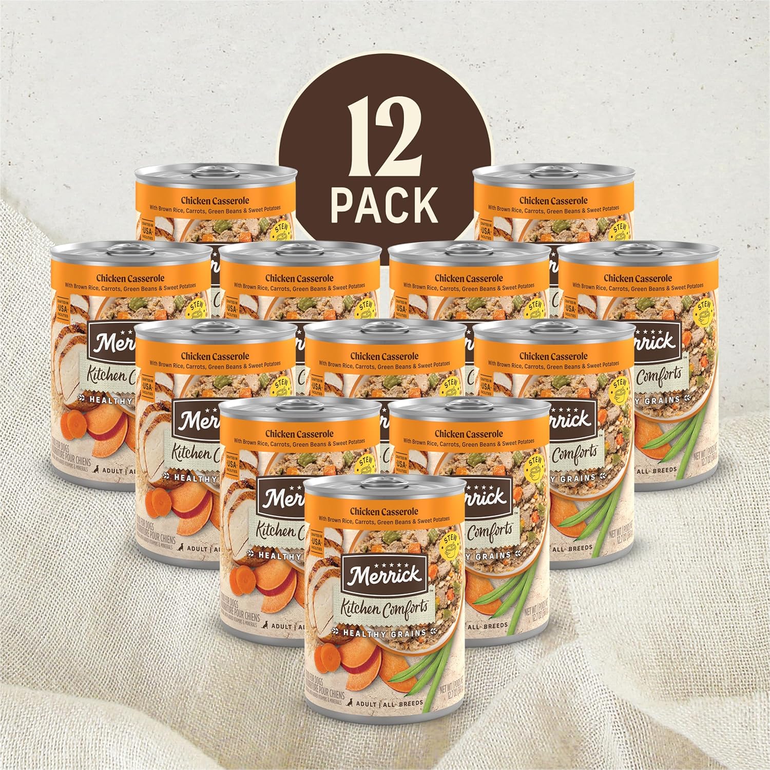 Merrick Kitchen Comforts Healthy and Natural Canned Adult Dog Food with Gravy, Chicken Casserole with Rice - (Pack of 12) 12.7 oz. Cans