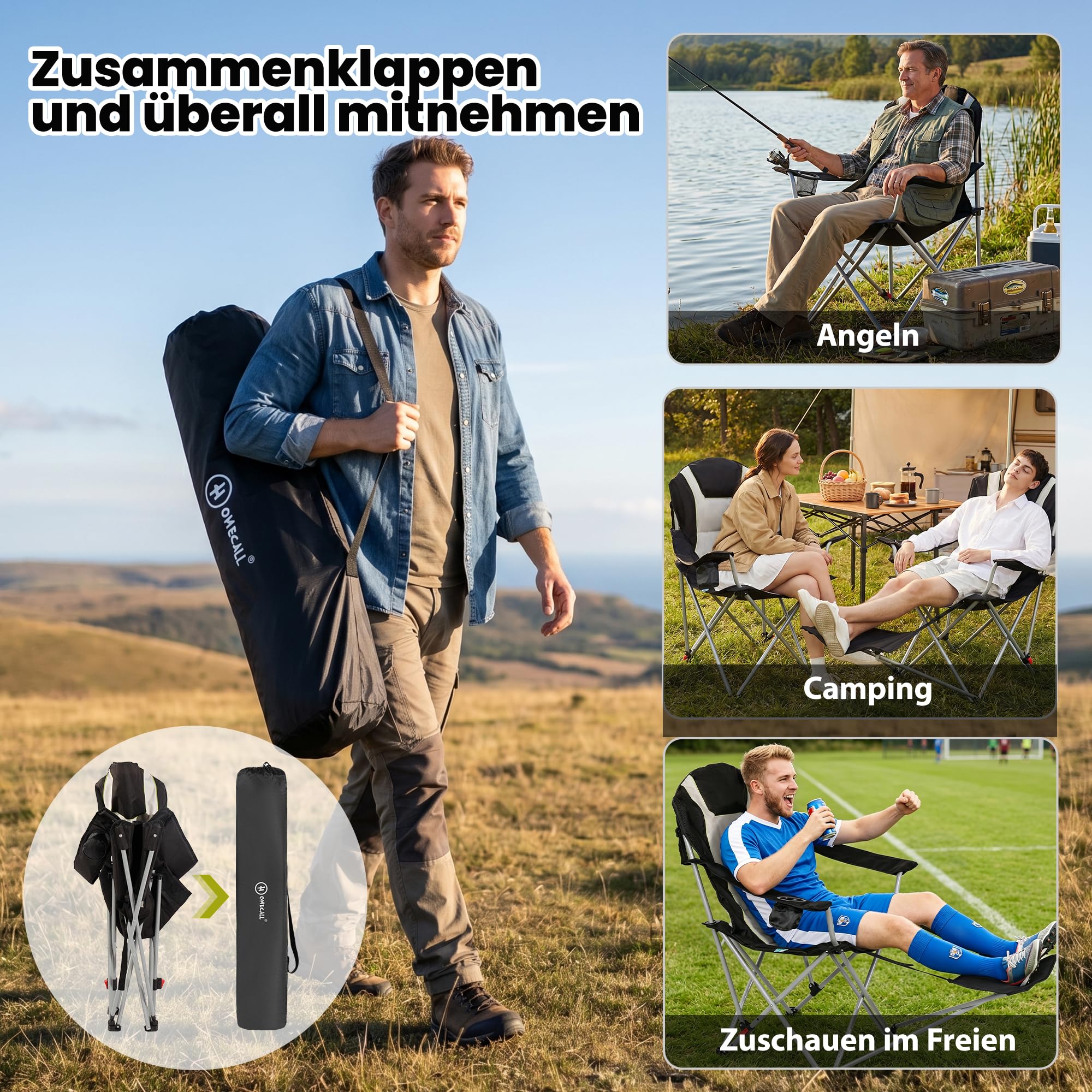 Homecall Sedia da campeggio pieghevole 2 in 1, con poggiapiedi, fino a 150 kg, sedia da pesca, pieghevole, con poggiatesta, portabicchieri e borsa per il trasporto, per campeggio all'aperto (1 pezzo)