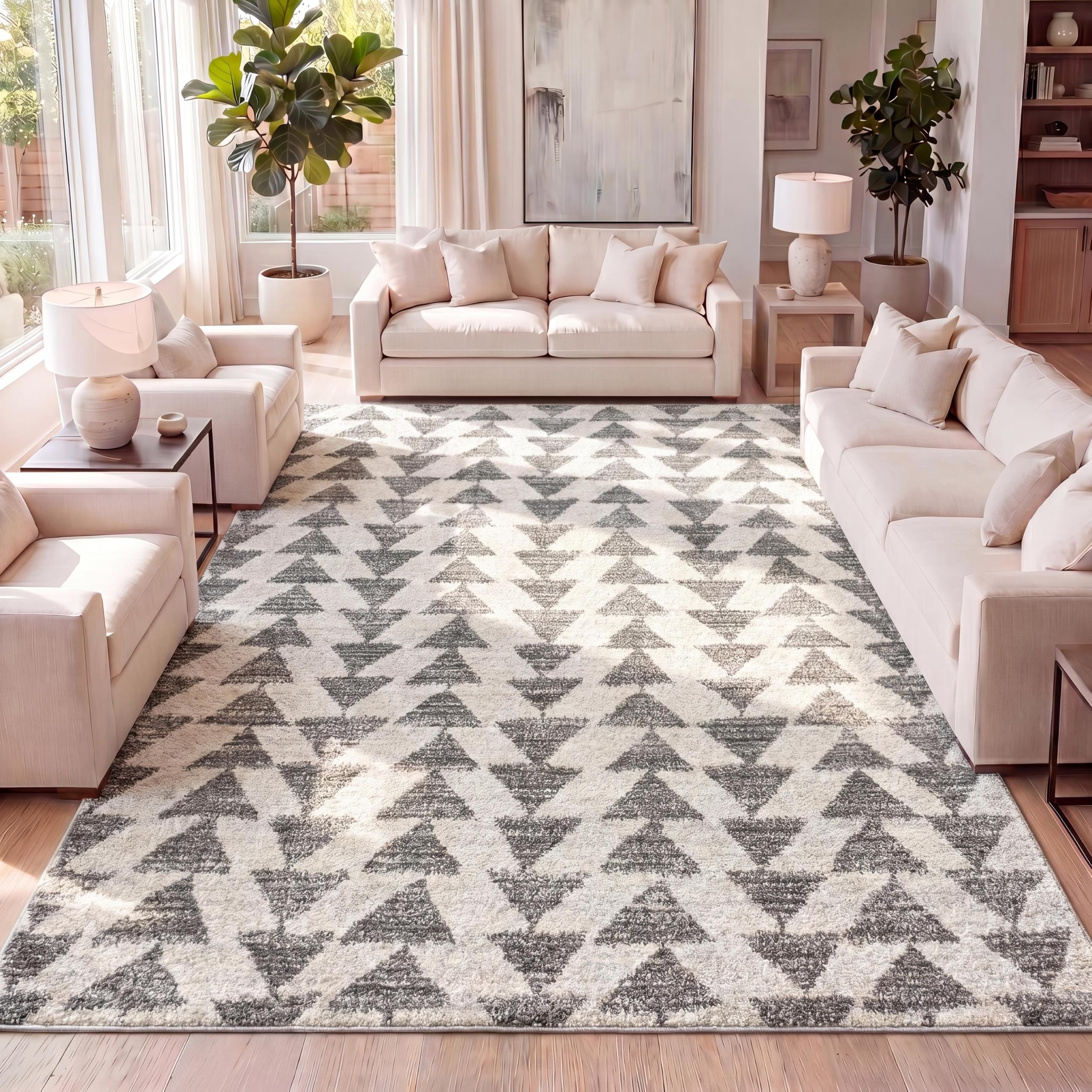 JONATHAN Y Aisha Moroccan Triangle Geometric Cream/Gray Indoor Area Rug, 4x6, Contemporary, Modern, Easy-Cleaning for Living Room, Bedroom, Kitchen,