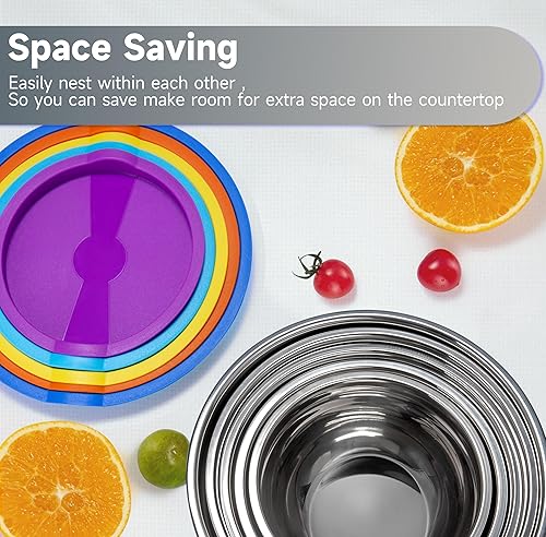 Miniatura 7 de Strelitsia Juego de 5 tazones de mezcla de acero inoxidable con tapas herméticas, tamaño 5, 4, 3.5, 2, 1.5 cuartos de galón para hornear, cocinar,