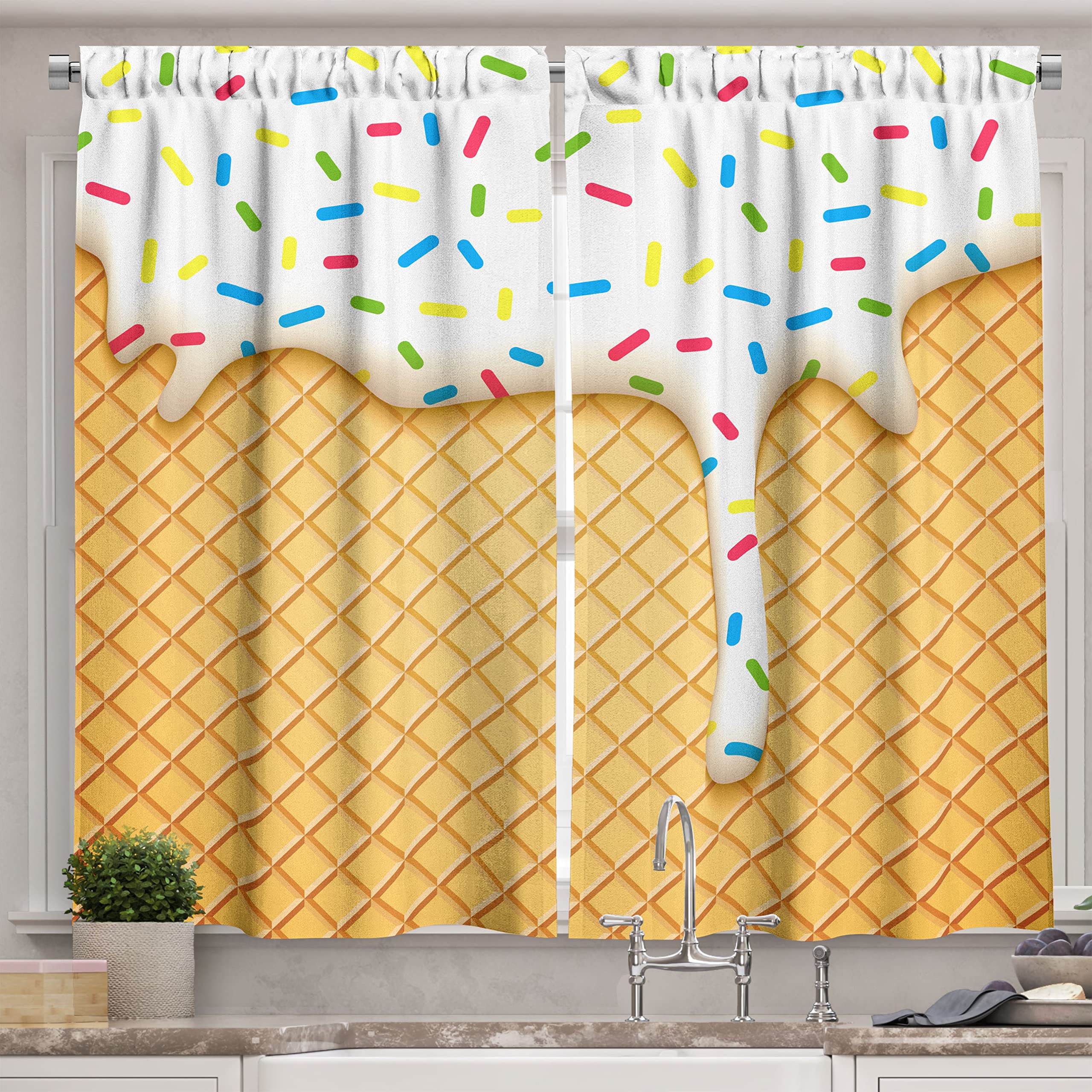 Ambesonne Food Long Kitchen Curtains, Cartoon Like Image of and Melting Ice Cream Cones Colored Sprinkles Print, Two Panels Drapes with Rod Pocket Room Decor, 55