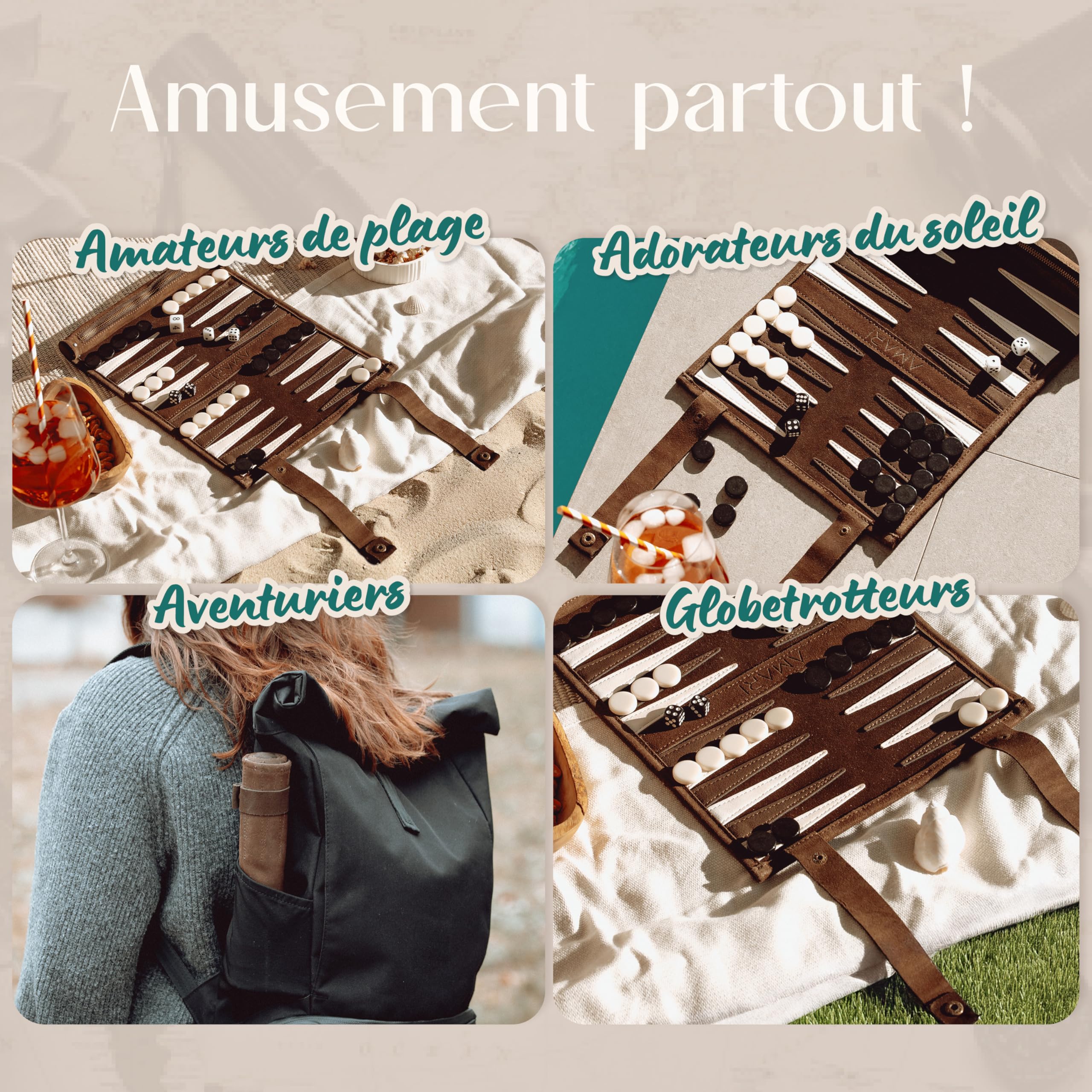 Amari ® Backgammon de Voyage - Backgammon - Roulable pour Les Voyages et Les déplacements - Back Gammon de qualité supérieure - Mallette de Backgammon - Jeu de Voyage - en Cuir