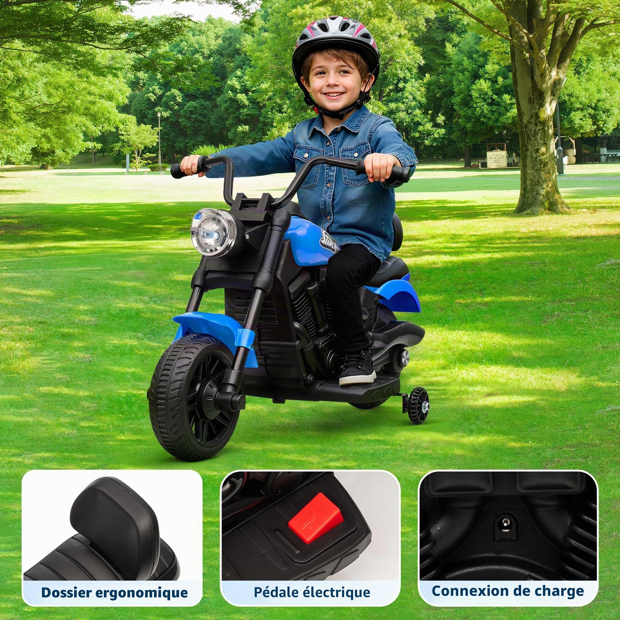Ma Première Moto Électrique Enfant 6V – Design Sportif Stable à 3 Roues, Musique & LED – Charge Max 30 kg, pour Garçons et Filles dès 3 Ans – Bleu
