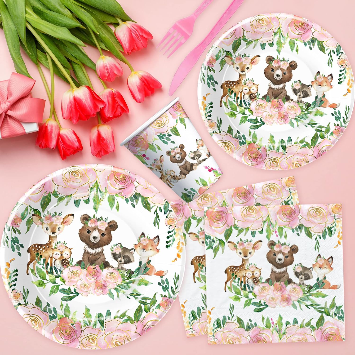 APOWBLS Woodland Baby Shower Decorations Girl Tableware - Creatures Animal Theme Woodland Birthday Party Supplies, Paper Plate, Cup, Napkin, Tablecloth, Disposable Cutlery, Straw | Serves 24