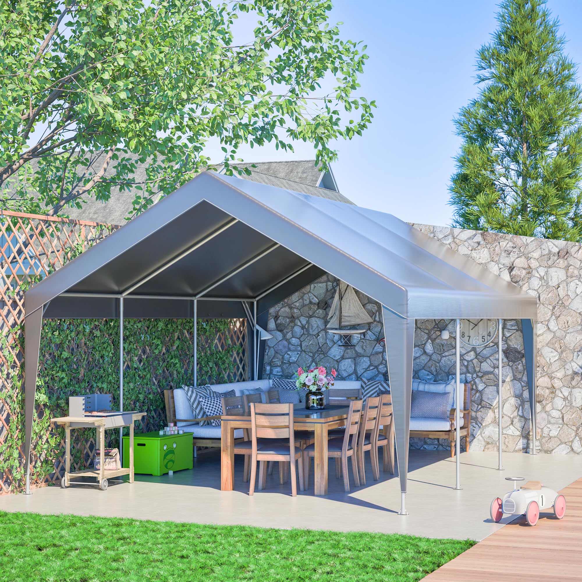 Allwetter Zeltgarage 6x4x3 m, Autozelt mit Rolltoren, Moskitonetzen, UV-Schutz, wasserdicht, feuerverzinkter Stahlrahmen, Grau