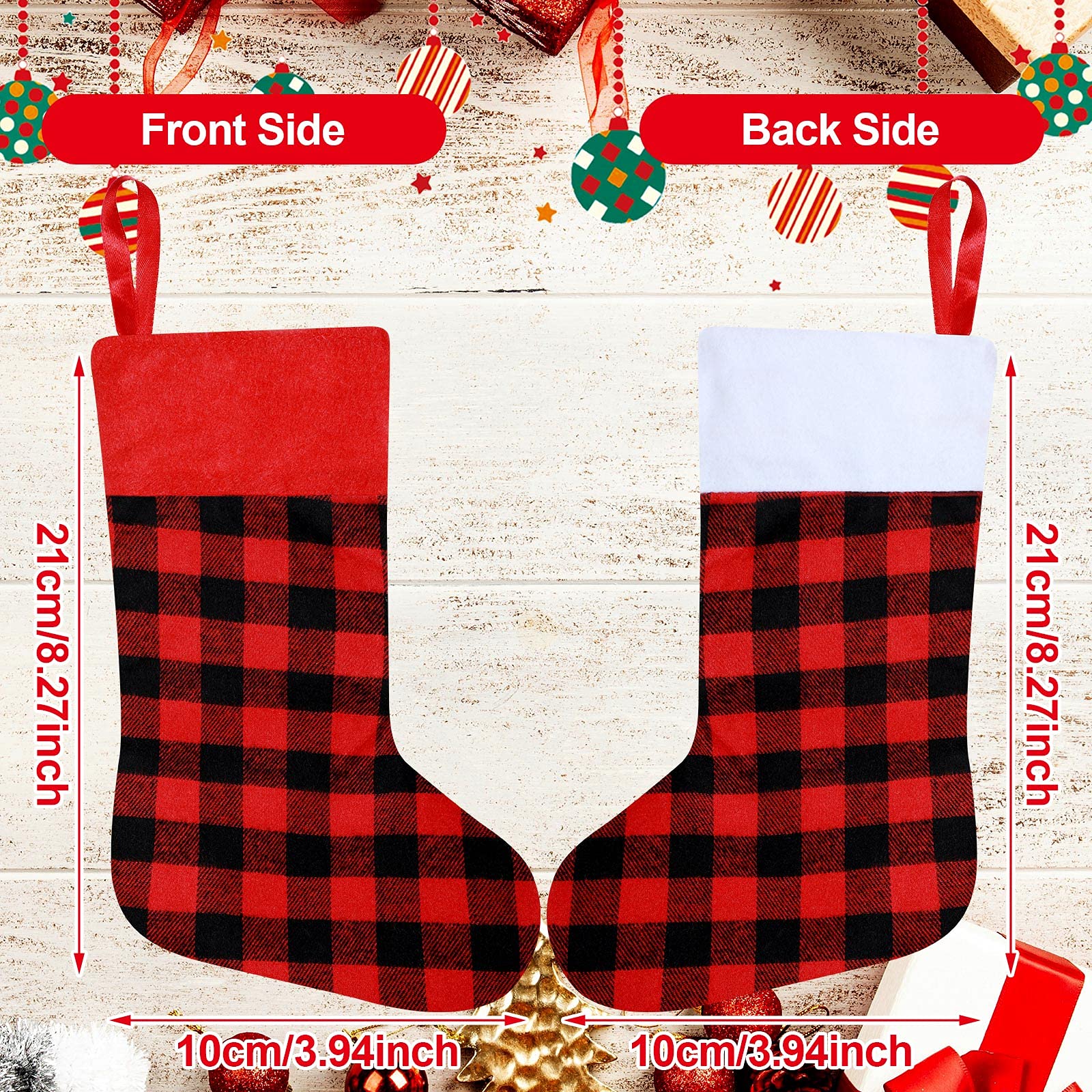 Skylety Lot de 24 mini chaussettes de Noël en vrac à motif écossais - Décorations à suspendre pour fêtes de fin d'année (rouge et noir, classique)