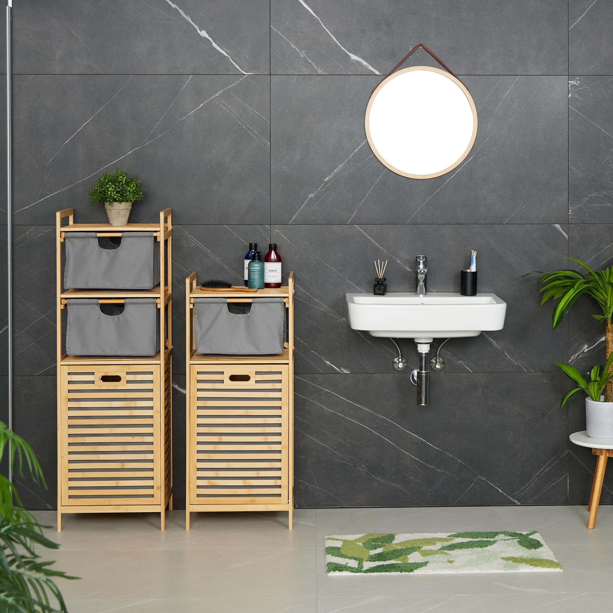 Relaxdays Scaffale Portabiancheria da Bagno, Cesto per Biancheria 30 L e 2 Cassetti, HLP: 120x40x33 cm, bambù, Naturale