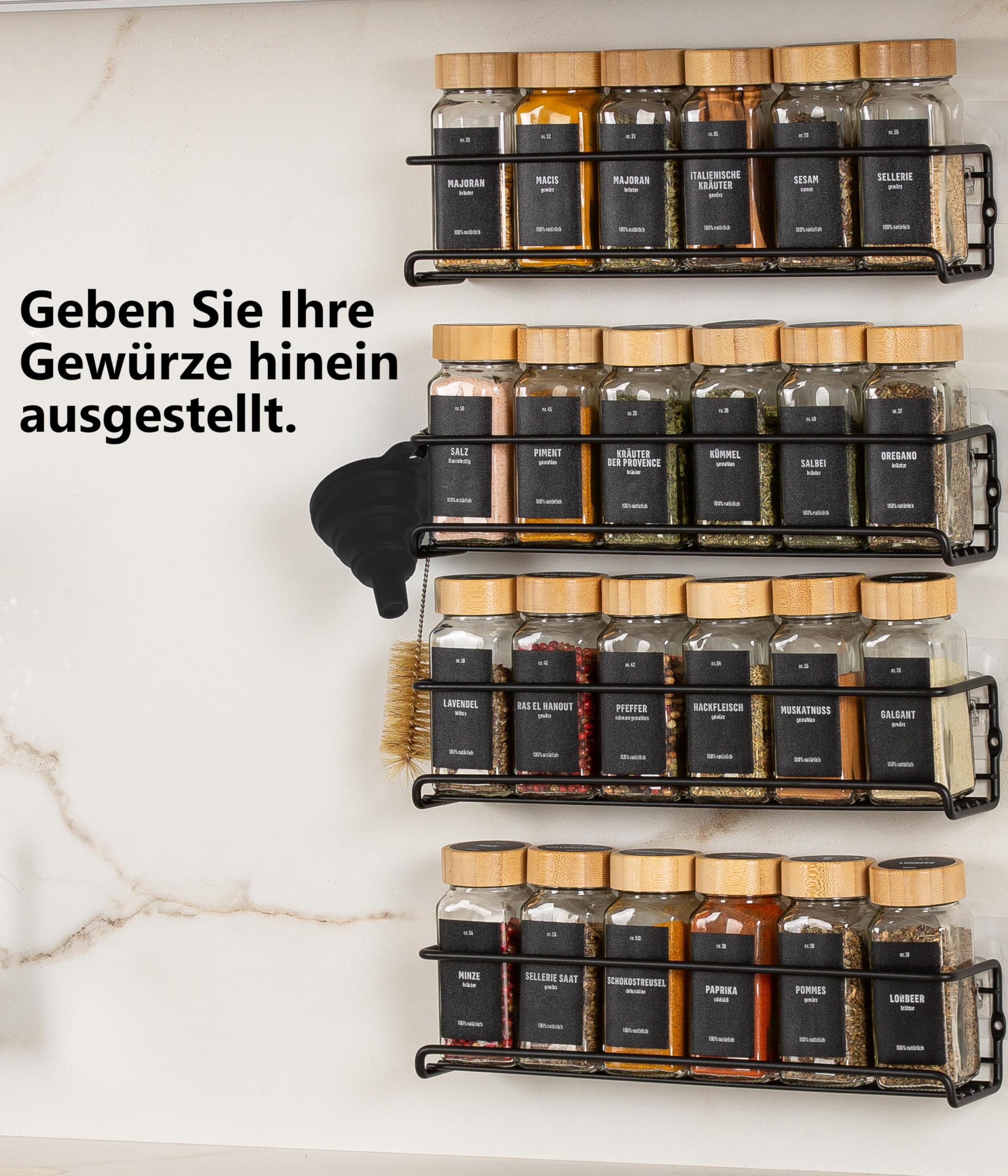 Deco haus® Gewürzregal Wand ohne Bohren [MIT 24 GEWÜRZGLÄSER & ETIKETTEN] - Gewürzregal Hängend 4er Set - Gewürzhalter Wand - Gewürzregale Schranktür zum Kleben - Spice Rack Organizer