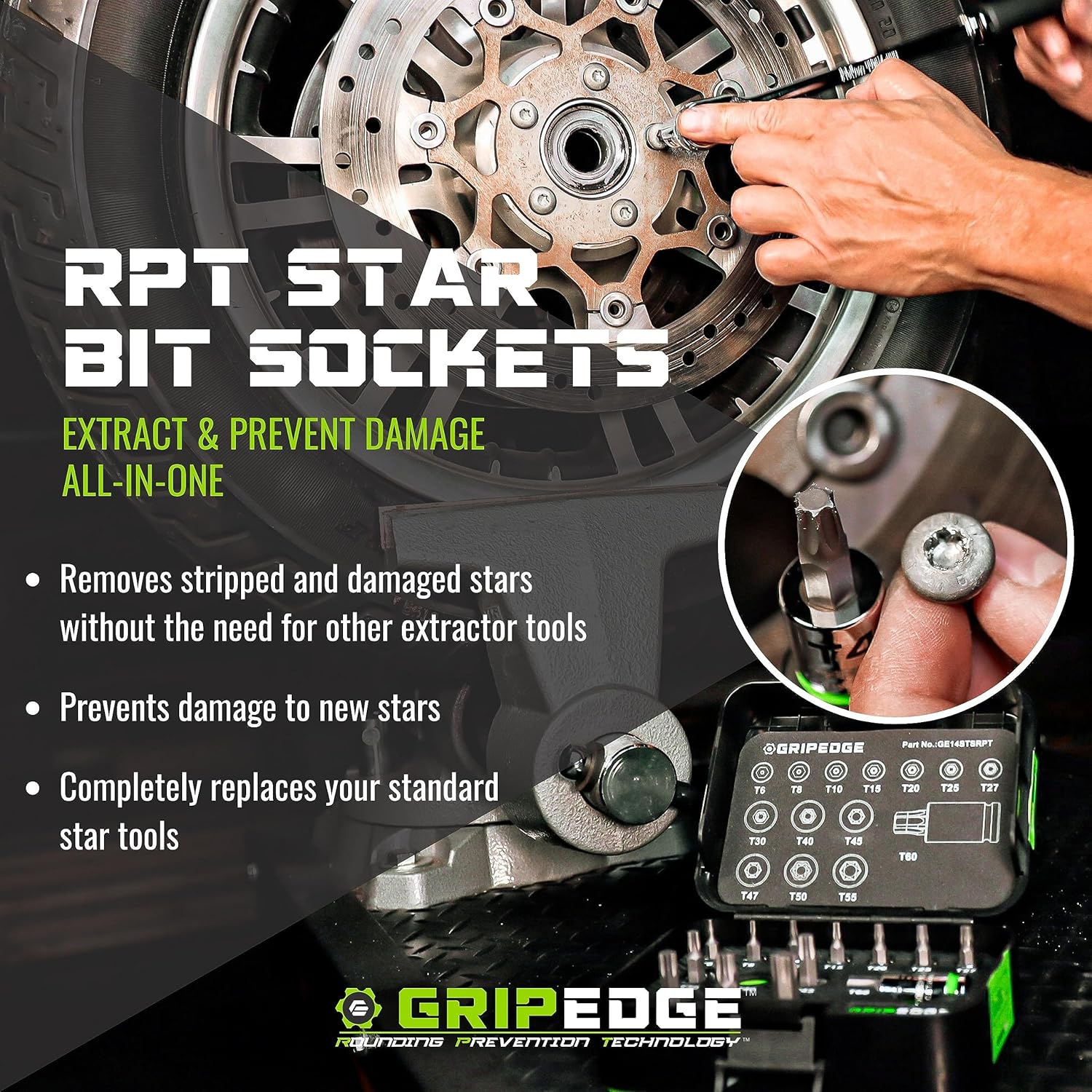 GRIPEDGE Tools | 9PC RPT Star Driver Set | Sizes T6 - T40 | 1/4'' Drive | Made With S2 Steel | Includes Premium Aluminum Socket Rail | - Image 2