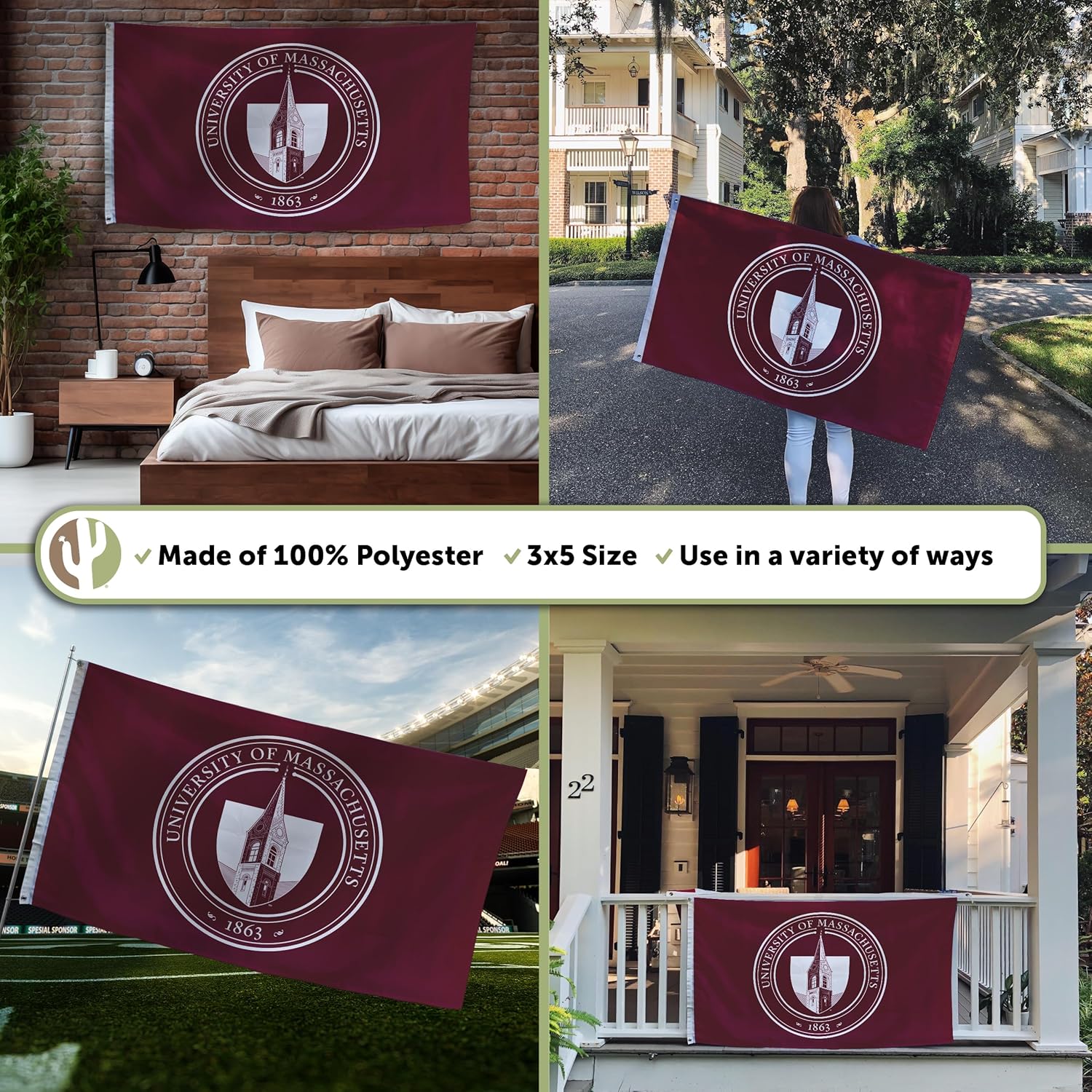 Desert Cactus University of Massachusetts 100% Polyester Indoor Outdoor 3x5 feet Banner UMass Amherst (Flag B) - Image 3