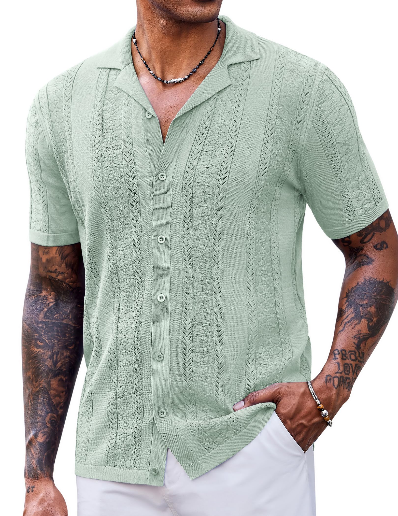 COOFANDY Men's Knit Shirts Vintage Short Sleeve Button Down Shirt Casual Summer Beach Shirt