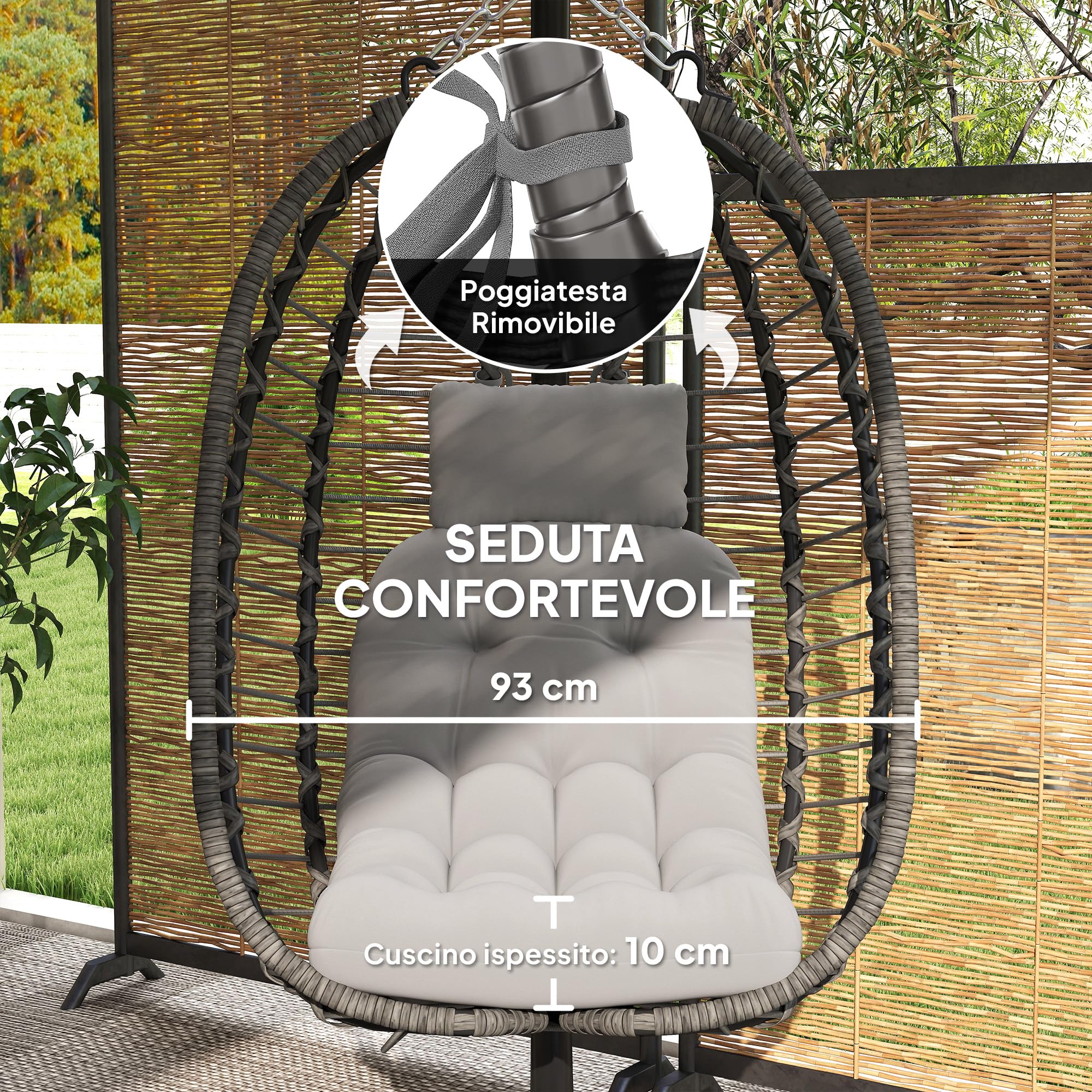 Outsunny Poltrona Sospesa a Uovo in Rattan, da Giardino Grigio Chiaro | con Gancio, Cuscini Imbottito e Poggiatesta, Sedia a Dondolo Pieghevole, Base a X in Acciaio, per Interni ed Esterni