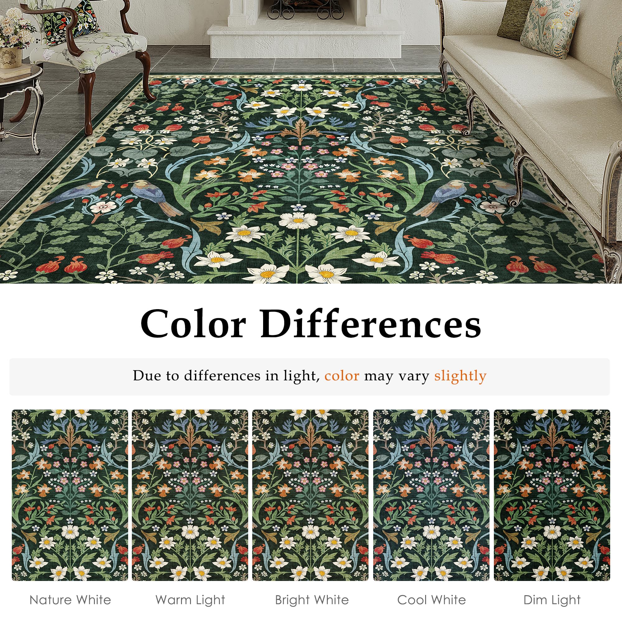 PureCozy Alfombra Salón 240x300cm Floral Pelo Corto Antideslizante Suave Retro Lavable Alfombras para Cocina Pasillo Pie de Cama Dormitorio Salón Verde Rug