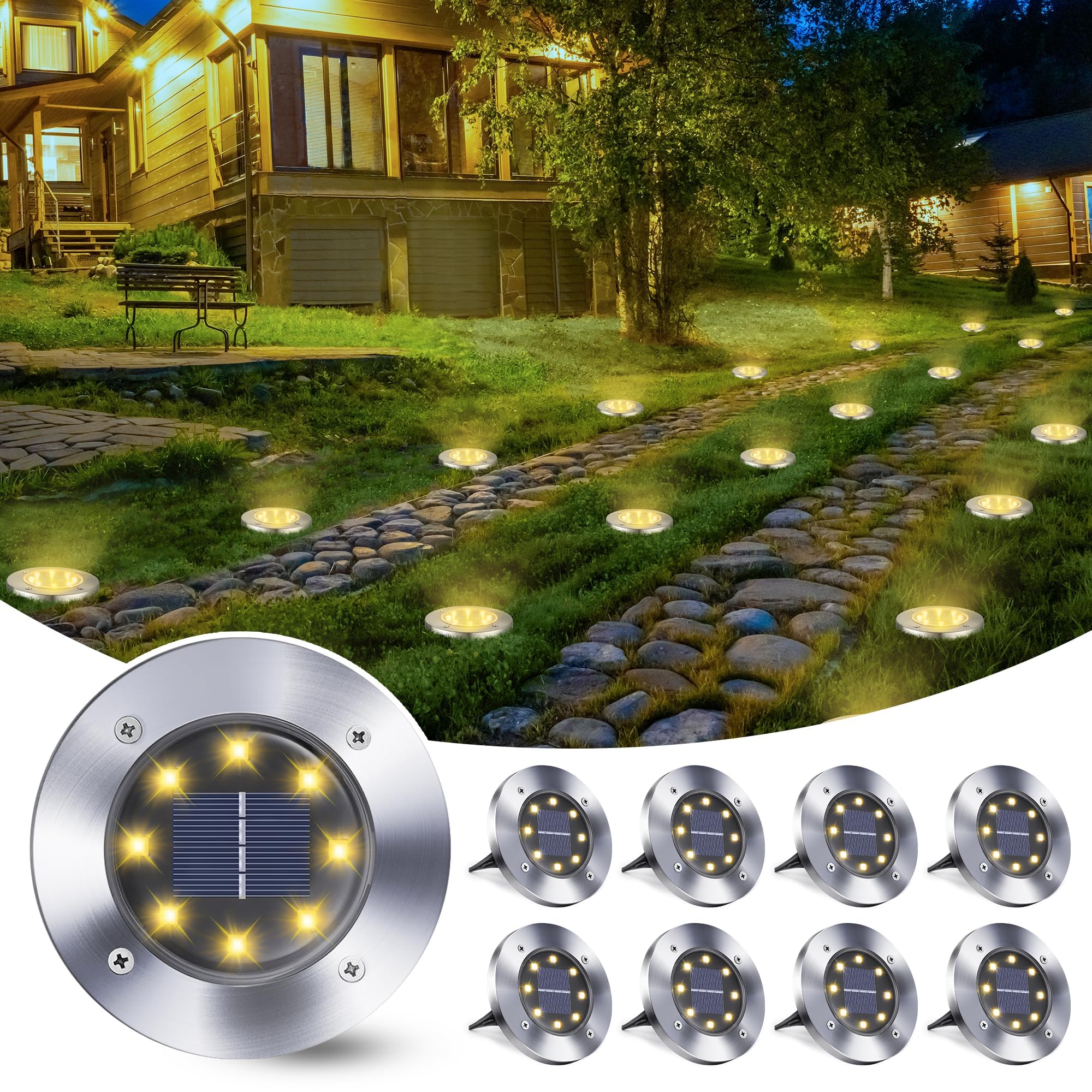 Qedertek Solar Bodenleuchten Aussen Garten - 8 Stück 8 LED Solarleuchten Außenleuchte Warmweiß, Led Solar Gartenleuchten Wasserdicht Solarlampen für Garten, Rasen, Gehweg, Patio, Auffahrt