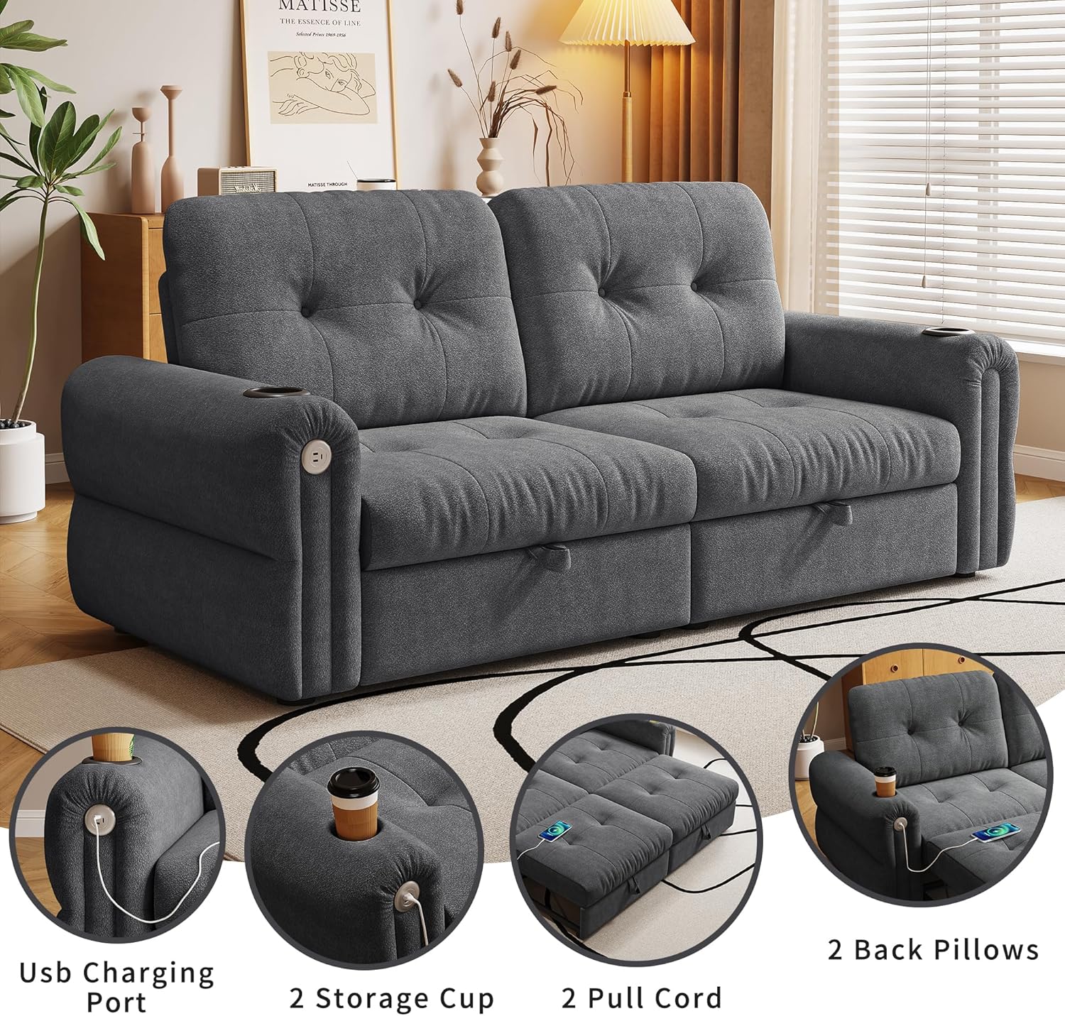 77'' Pull Out Couch Full, Chenille Sleeper Sofa with 5-Minute Assembly, Convertible Futon Sofa Bed, Adjustable Backrest, USB, 2 Cup Holders, Loveseat for Living Room, Office, Dark Gray