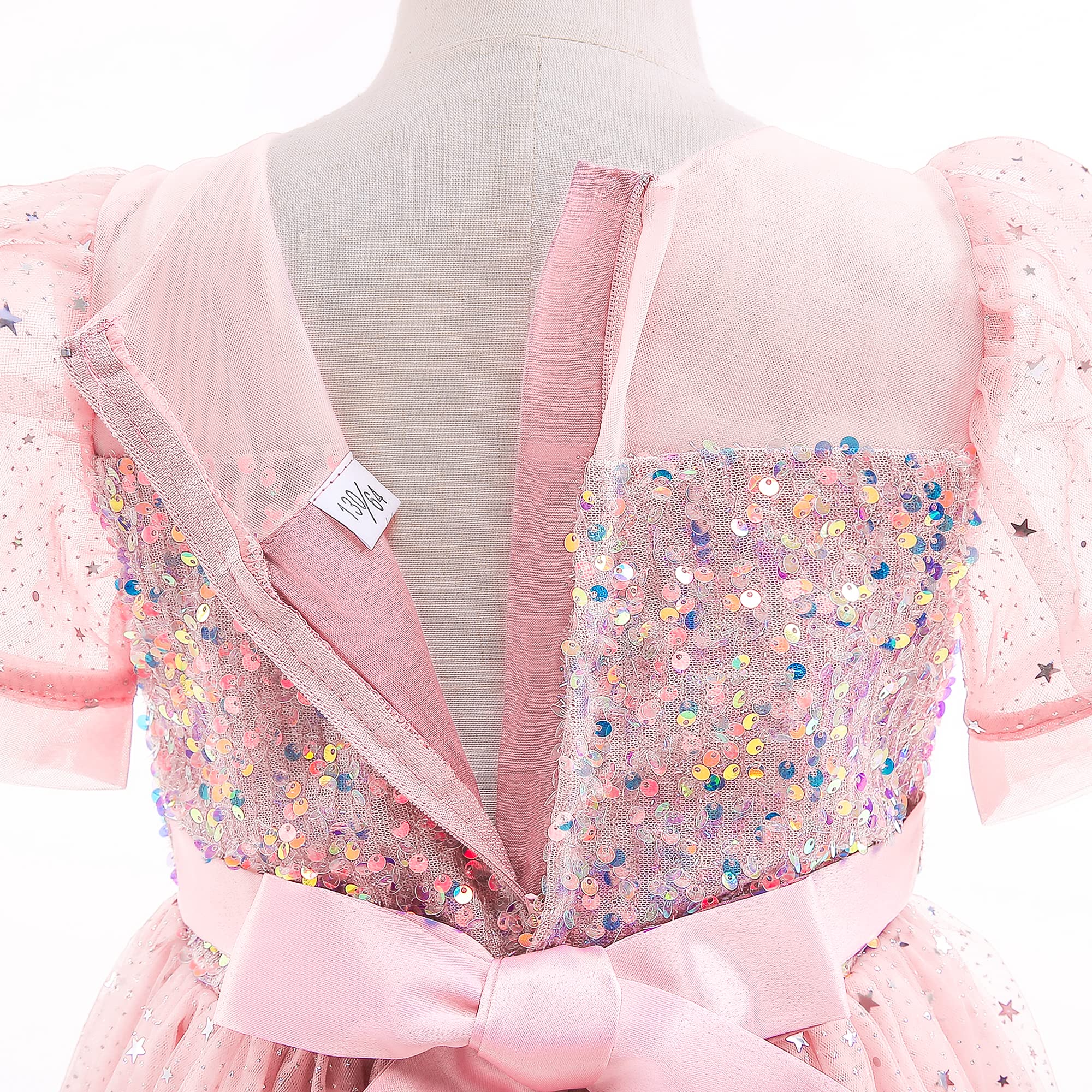(130) Glamulice Flower Girls Party Dress Pink Lace Fancy Puff Sleeves Sparkle Tulle Sequin Pageant Dresses Bridesmaid Daddy Daughter Dance Prom Vintage Wedding Maxi Holiday Photo Shoot Gown 7 8 Peach Pink
