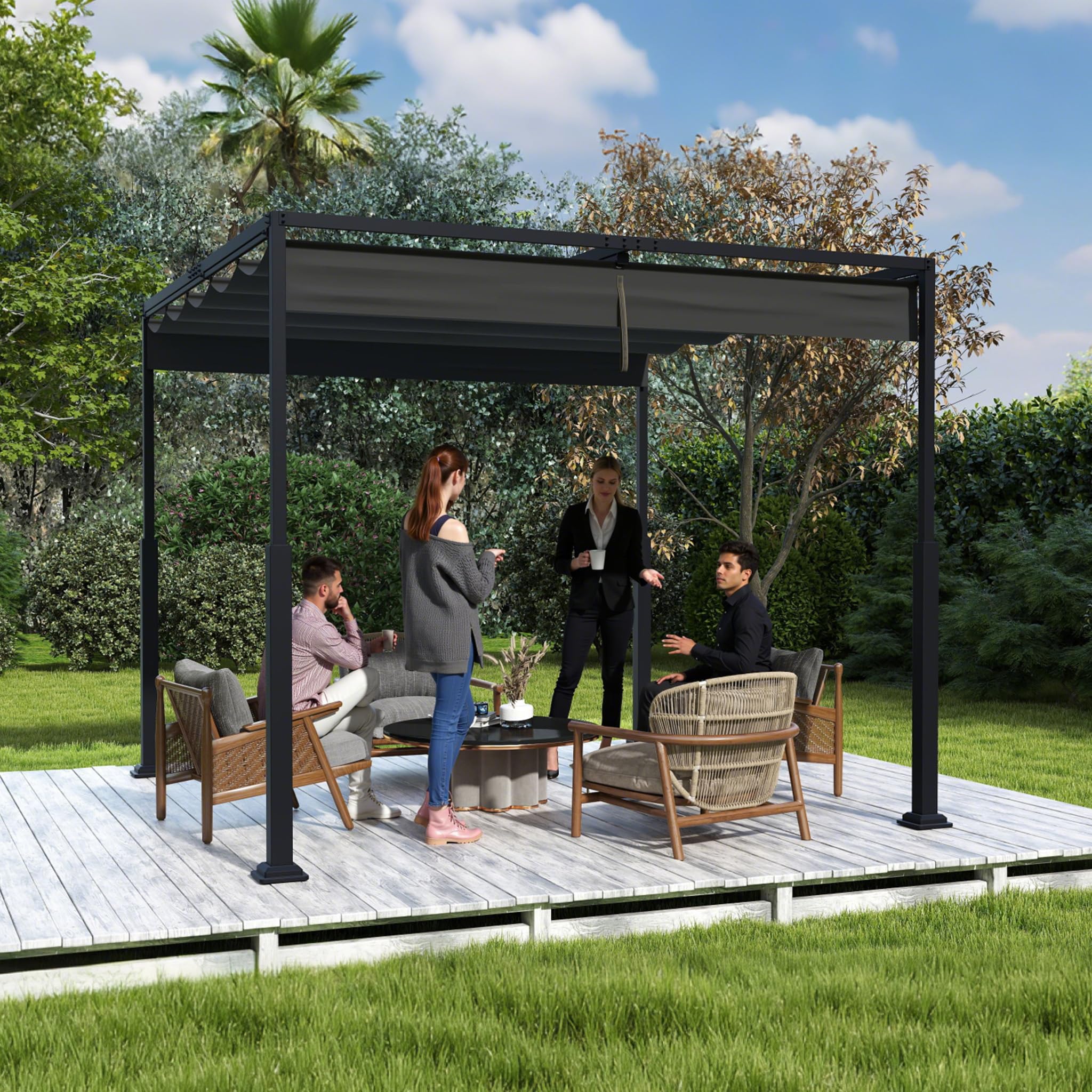 ACXIN Pergola z przesuwnym dachem, zadaszenie tarasu ze stalowej ramy, wodoodporny poliester powlekany PA 160 g, wolnostojący pawilon ogrodowy z regulowaną ochroną przed słońcem (czarna, 3 x 3 m)