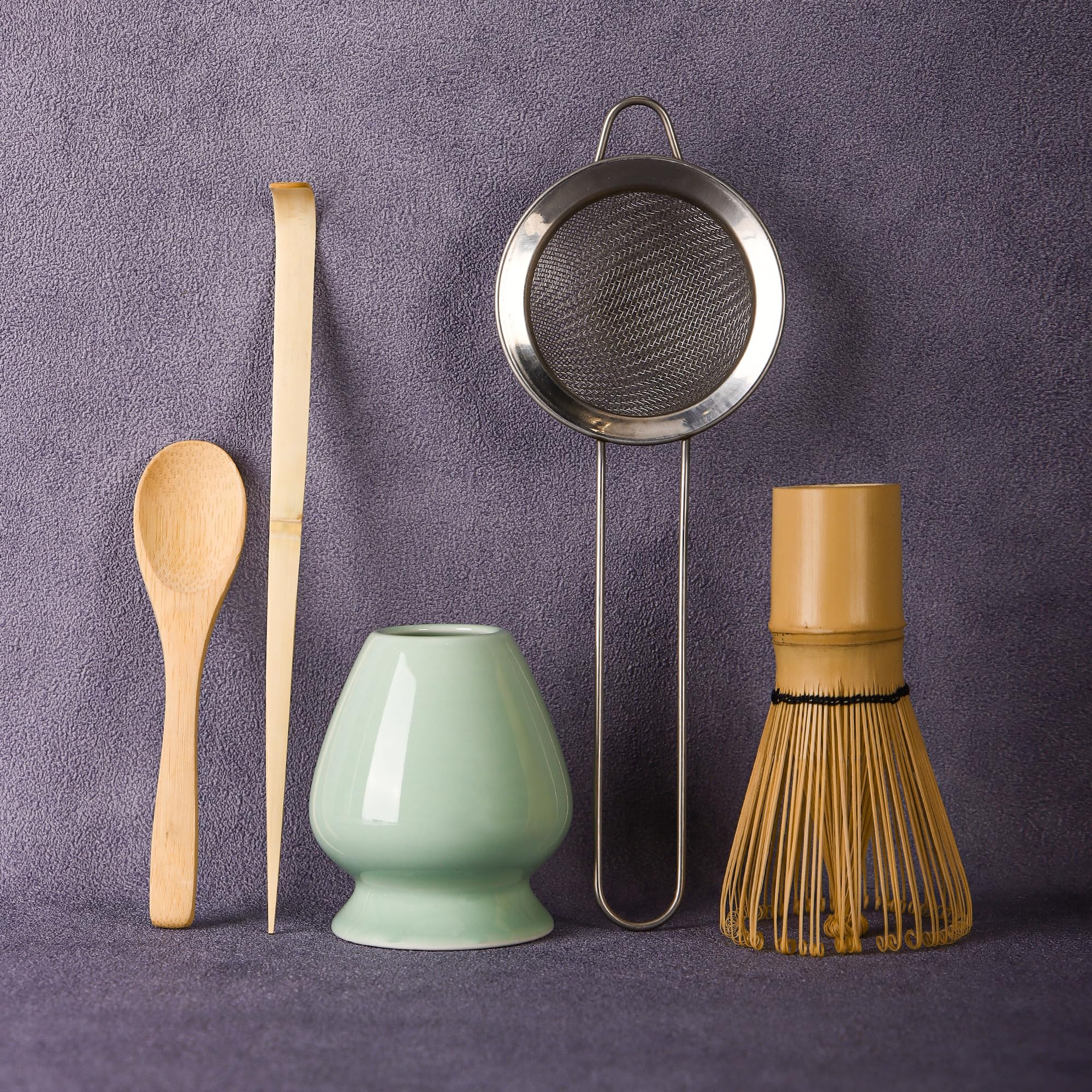 DiDiBirDi Matcha Whisk Set,Bamboo Matcha Whisk (Chasen),Traditional Scoop(Chashaku),Stainless Steel Sifter,Tea Spoon,Ceramic Holder,Japanese Tea Tools For Ceremony