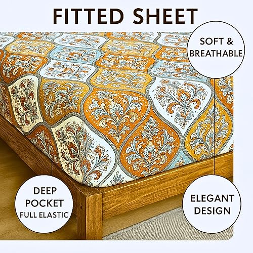 Miniatura 4 de DaDa Bedding - Sábana bajera bohemia con fundas de almohada, diseño floral, estampado floral, cachemira, fiesta en el jardín botánico, brillante,