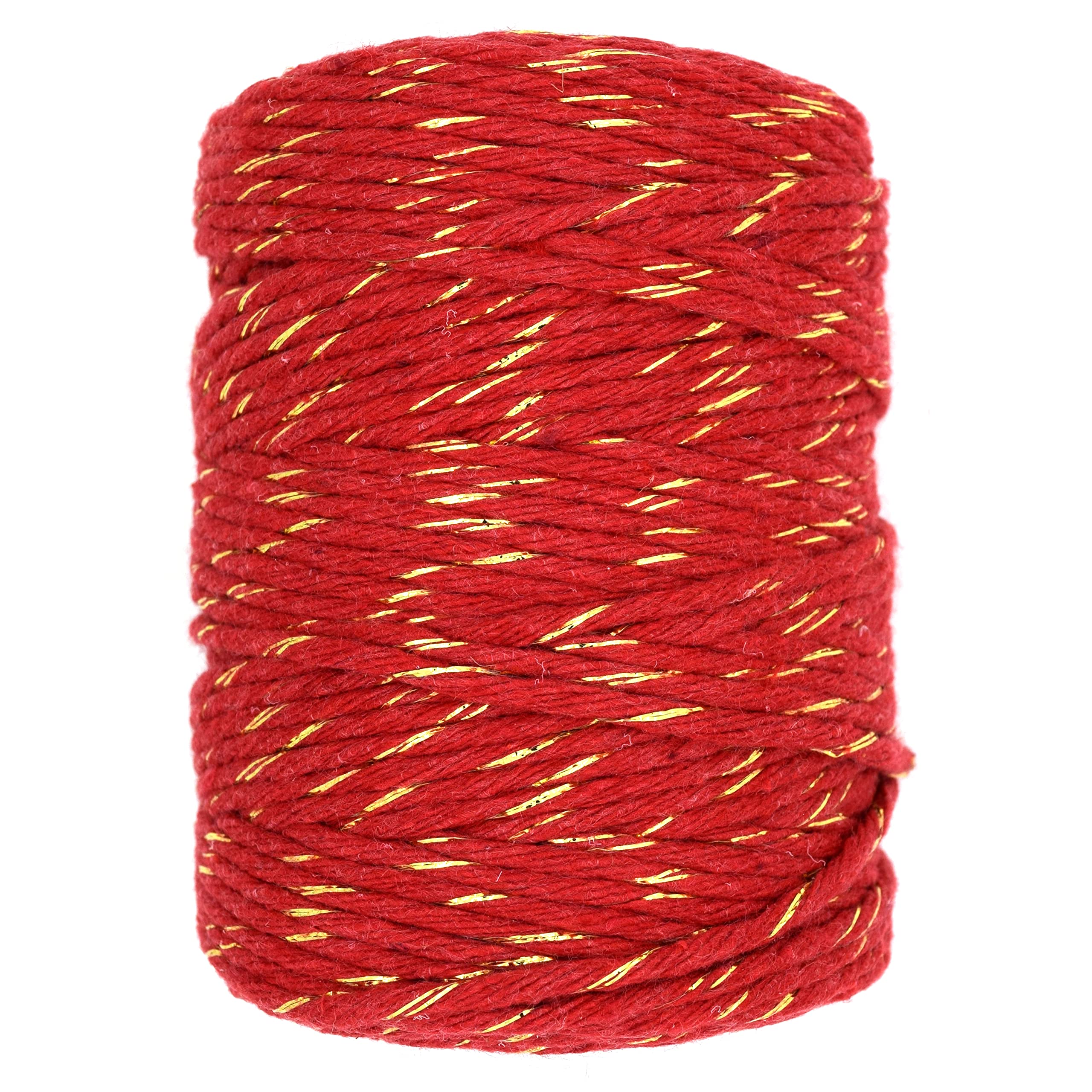 Macrame Cord Twine Natural Cotton String Craft Artisan Thread Twisted Macramé (Red with Gold Thread, 3 mm x 200 m / 656 ft)