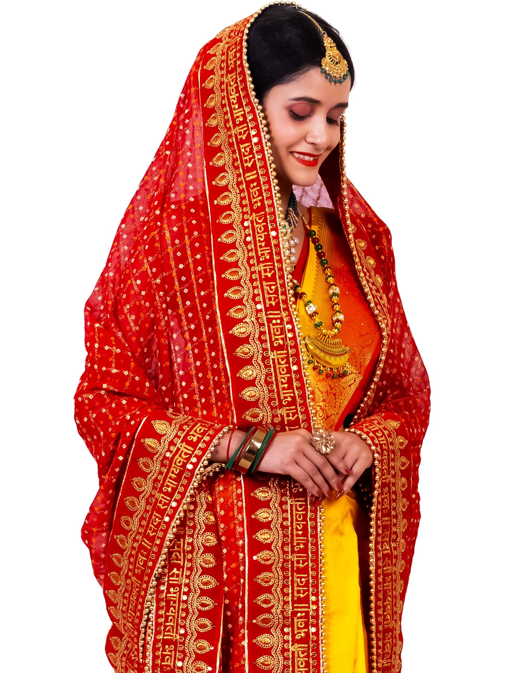 radha rang wedding & bridal dupatta Women Heavy Bridal Dupatta for Wedding - Chunari With Velvet Lace For Bride Addition to Your Net Red, Pink Lehenga Saree Only 2-picture-47