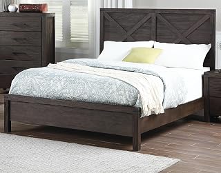 Queen Wood Bed Frame: Rustic X-Design Headboard Dark Brown - Pine Plywood MDF Construction Easy Assembly Sturdy Platform Base for Small Boutique Hotel Guest Room Bedroom Furniture