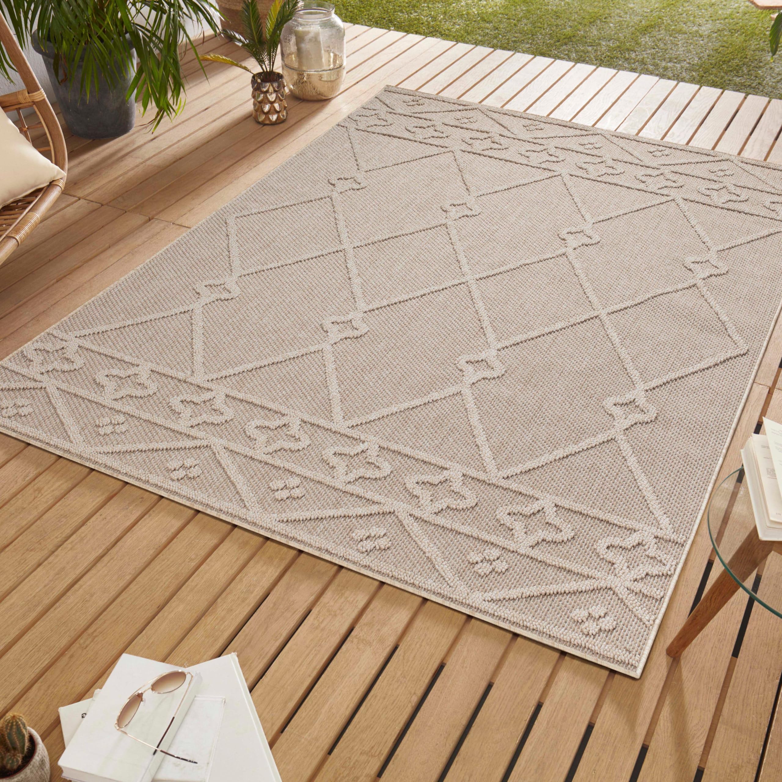 SIMPEX In & Outdoor Bouclé Teppich wetterfest 3D Hoch Tief Effekt für Balkon Terrasse Garten Flur Küche oder Wohnzimmer in verschiedenen Größen