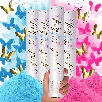 PrimePure Gender Reveal Confetti Cannon - Biodegradable Powder & Butterfly Shaped Party Poppers - Pink & Blue Set of 4 - Boy or Girl Baby Gender Reveal Smoke Bomb Confetti Poppers | Pink-Blue Paper & Mylar Gold Foil Confetti, Powder Cannon Smoke Bomb for Outdoor & Indoor Baby Girl or Boy Reveal Party