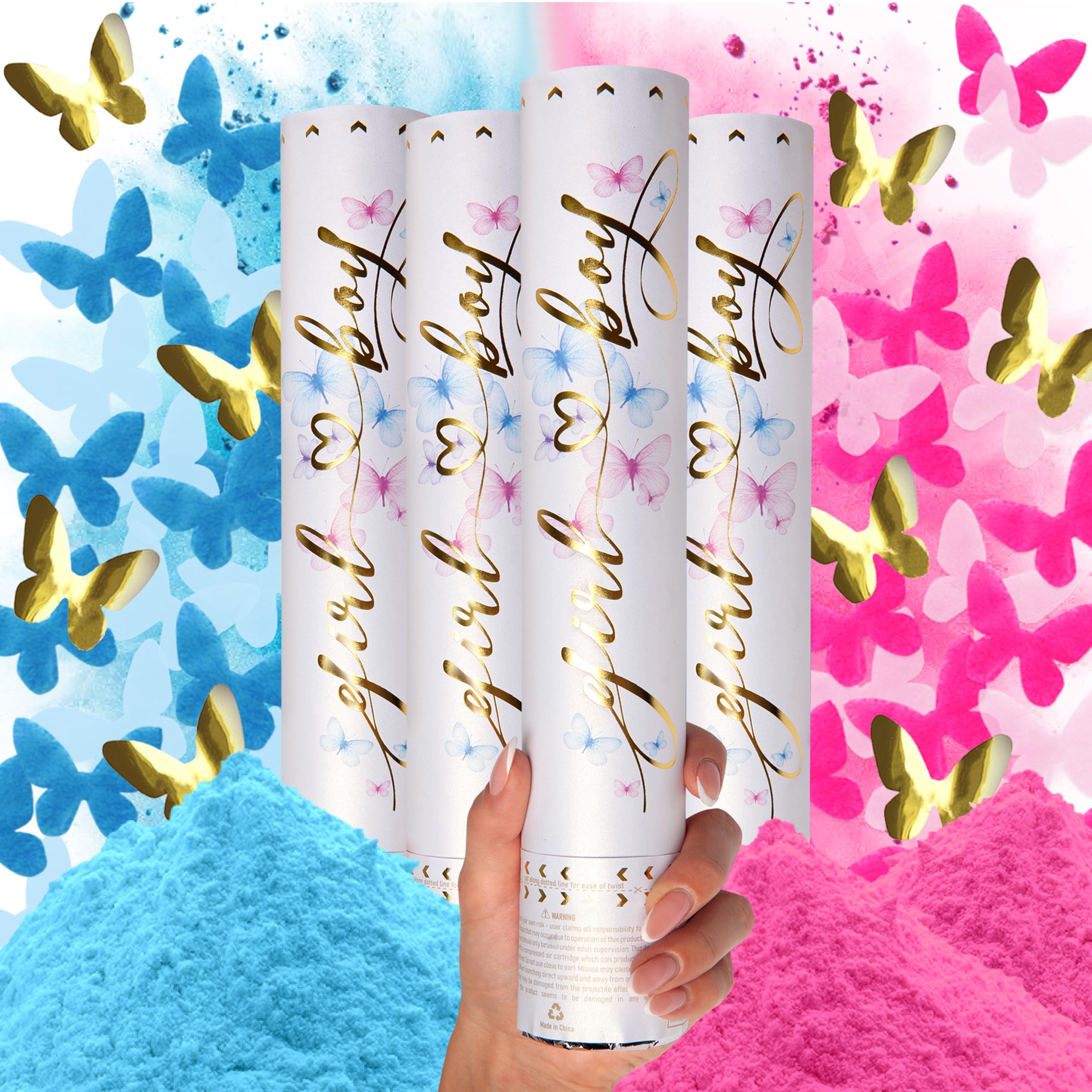 PrimePure Gender Reveal Confetti Cannon - Biodegradable Powder & Butterfly Confetti Popper - Pink & Blue, 4 Pack - Baby Girl or Baby Boy Gender Reveal Smoke Bombs - Powder Cannon Party Poppers