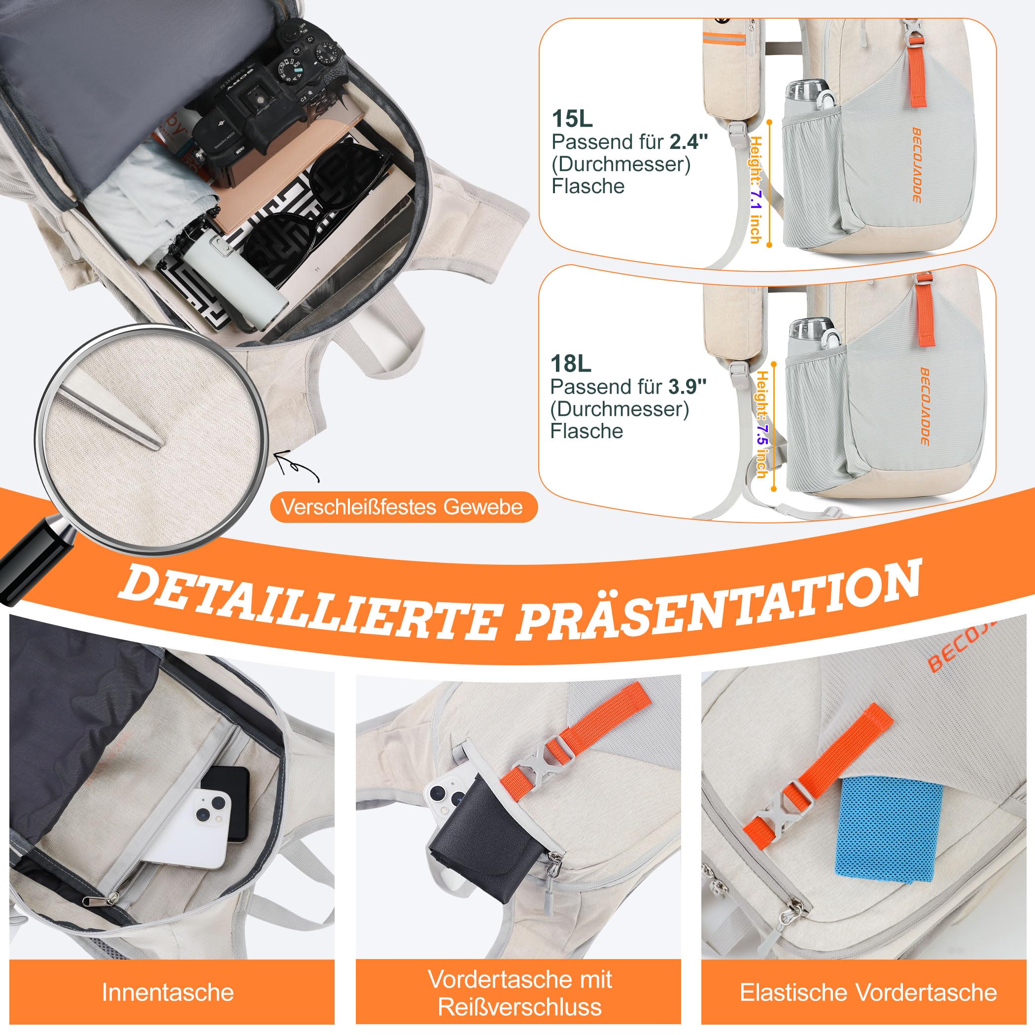 BECOJADDE 15L Wanderrucksack Herren Kleiner Rucksack Damen Leichter Daypack Tagesrucksack Faltbarer Trekkingrucksack für Camping Outdoor Wandern Travel Beige