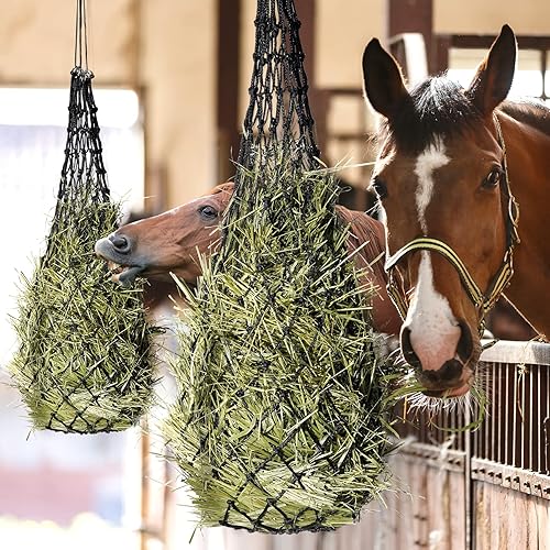 Woiworco 2 paquetes de red de heno de alimentación lenta para caballos, 40 pulgadas de largo, 2 x 2 pulgadas, comedero de heno de cabra, bolsas de