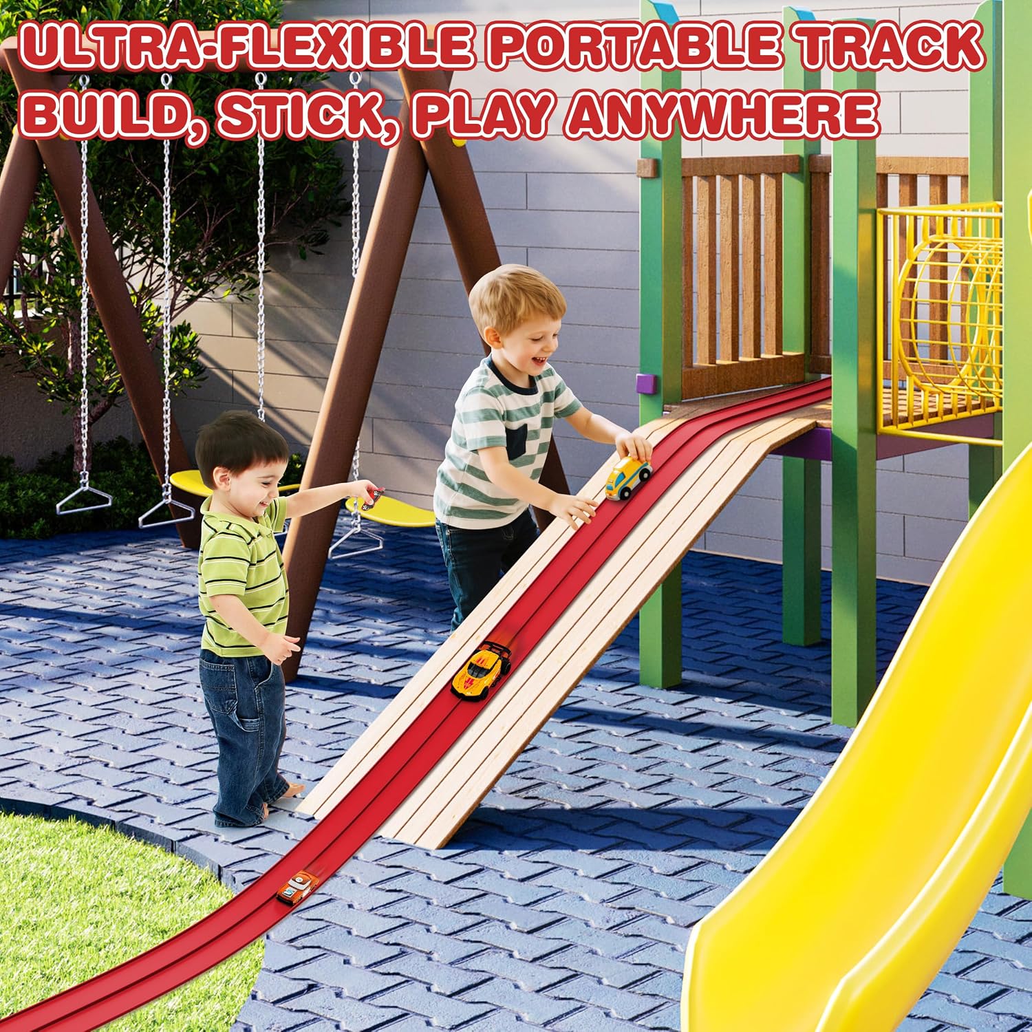 16 Ft Flexible Race Car Ramp Track for Kids Toy with Suction Cups, Compatible with Diecast 1/64th Cars, Rolls Up Portable Racetrack Party Favor Gifts for Boys Ages 3-10 Year Old (Racing Red)