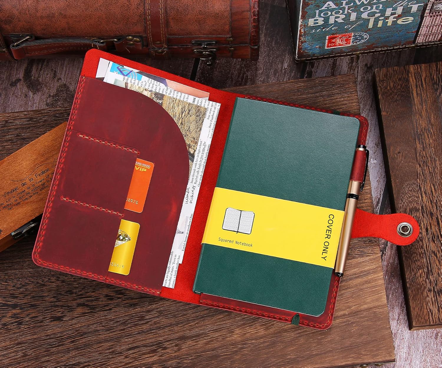 Handmade Journal Cover For Moleskine Hardcover Large Size 5"x8.25" Notebook, Vintage Leather Cover With Pen Holder & Snap Closure For Hardcover Notebooks-Wine