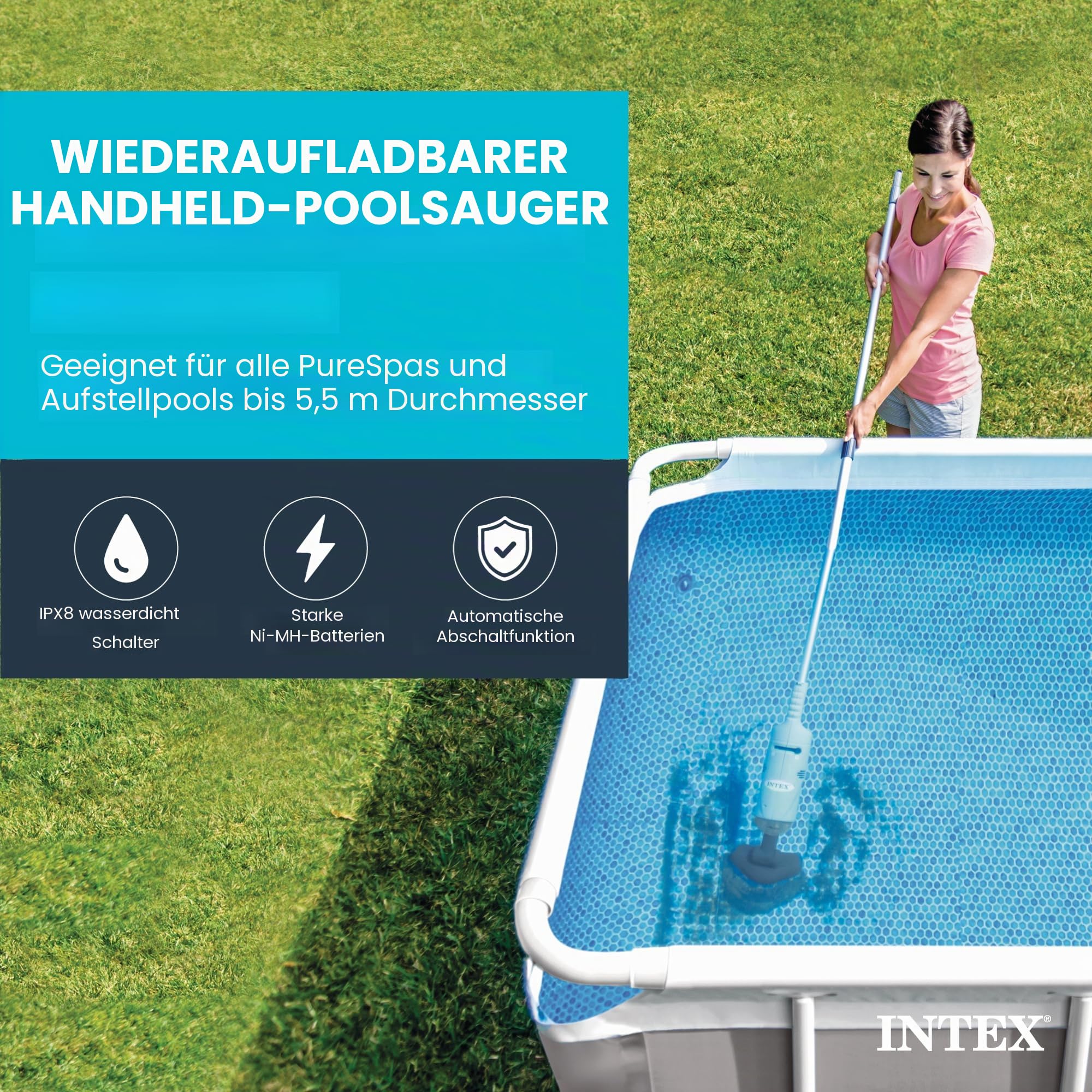 Intex Handstaubsauger, wiederaufladbar, 94 Zoll Teleskopschaft und 2 austauschbare Bürstenköpfe für oberirdisches Schwimmbad und Spa