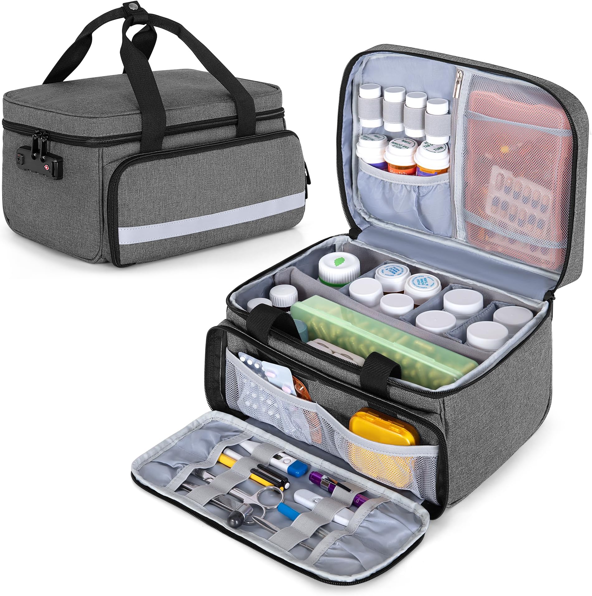 CURMIO Pill Bottle Organizer Storage, Medication Lock Box for Pill Organizer and Medical Supplies, Gray (Patented Design)