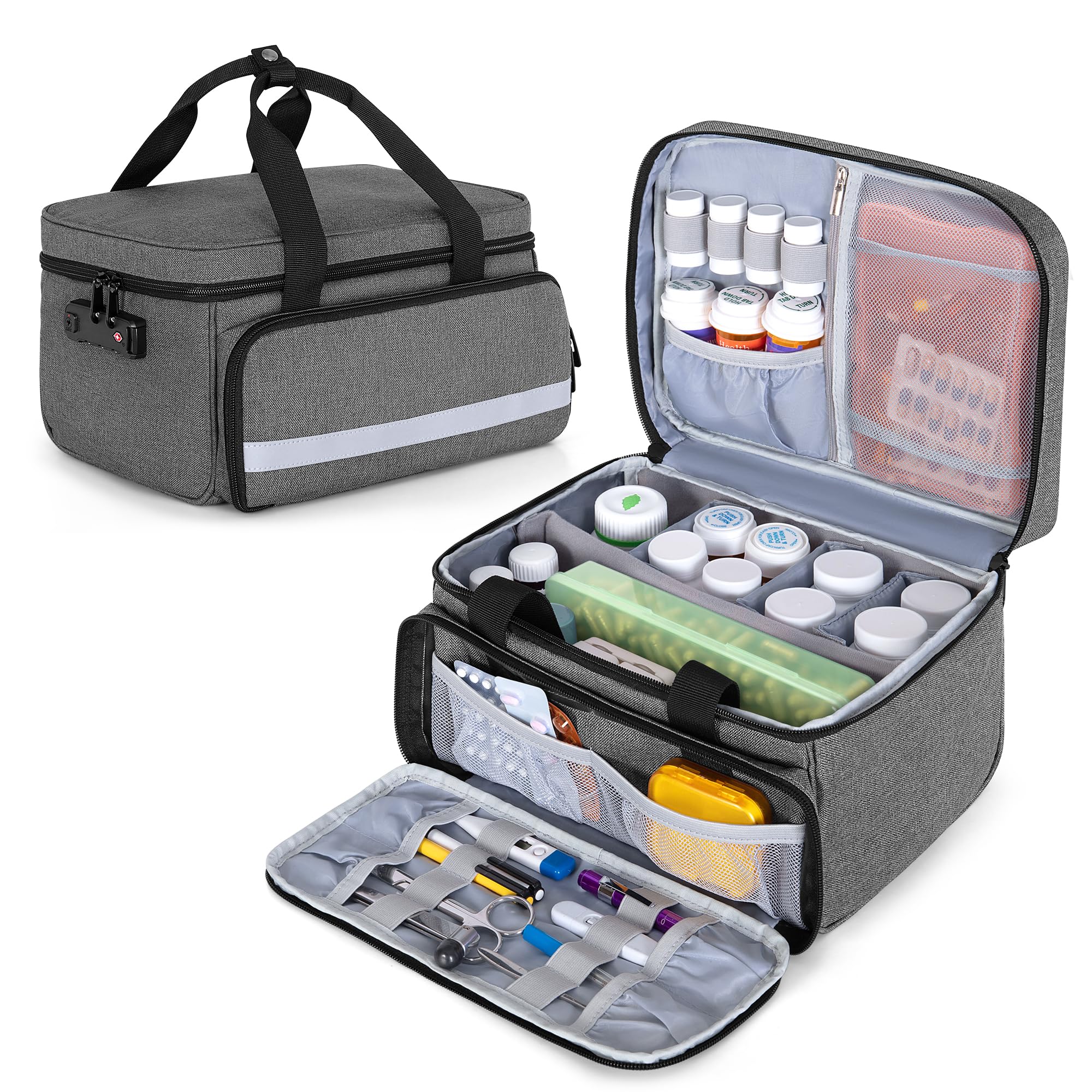 CURMIO Pill Bottle Organizer Storage, Medication Lock Box for Pill Organizer and Medical Supplies, Gray (Patented Design)