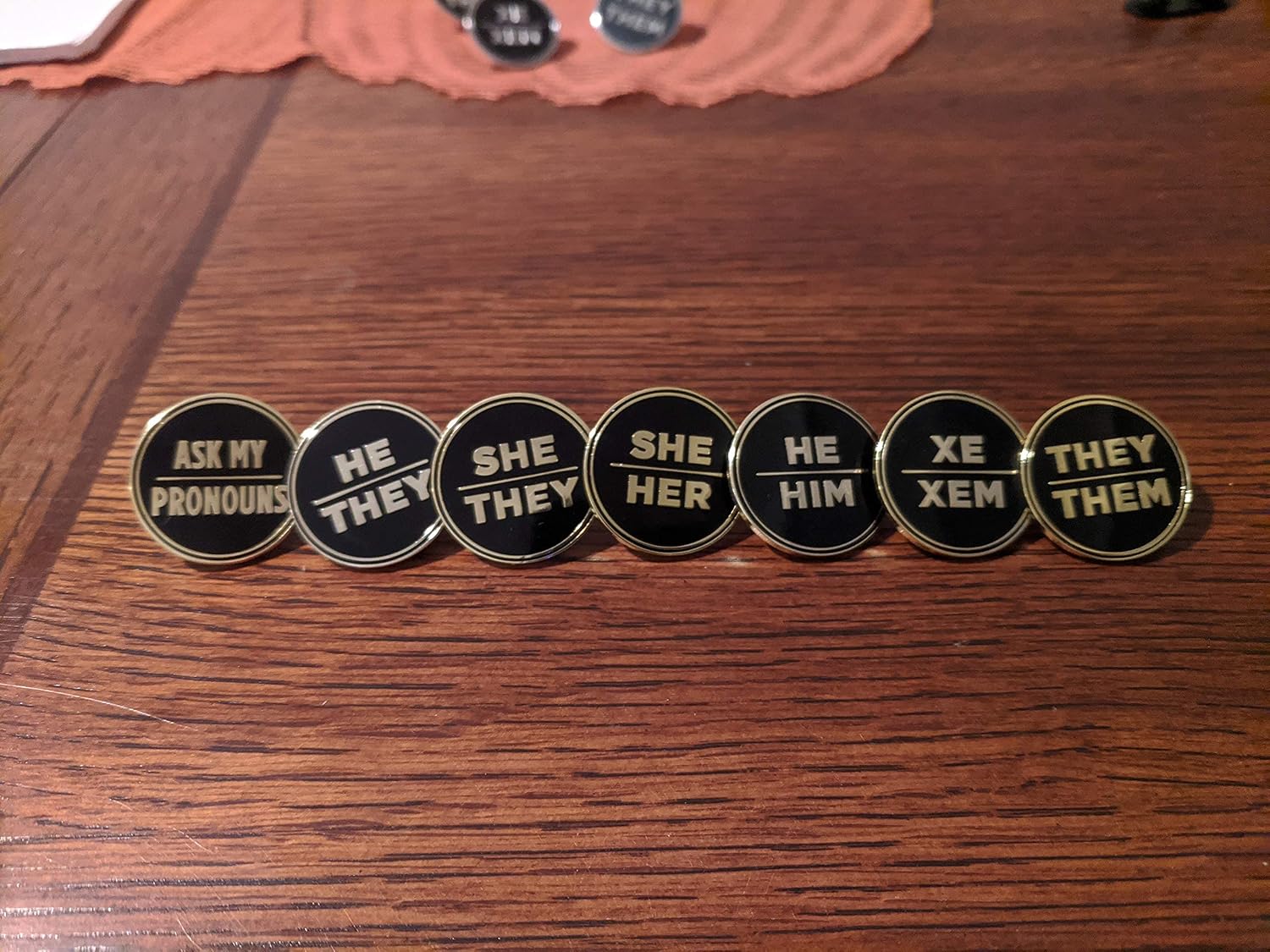 He Him Pronoun Pin Black and Gold Circular Hard Enamel Pronoun Badge Button
