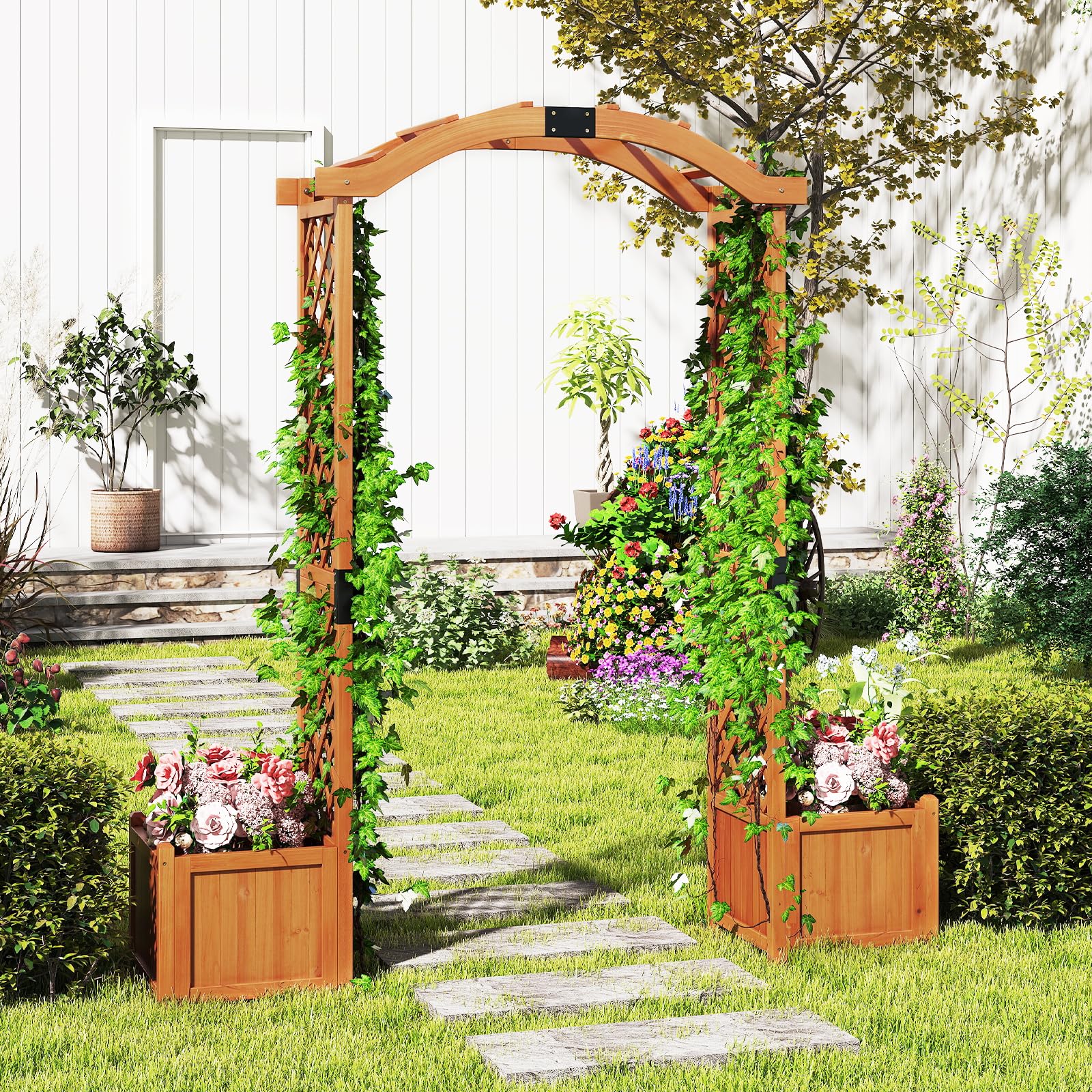 GOPLUS Arche de Jardin avec 2 Jardinières Surélevées 200CM,Jardinières avec Treillis Arqué pour Plantes Grimpantes Fleurs Herbes Légumes Fruits en Bois Massif, Porte Allée Jardin