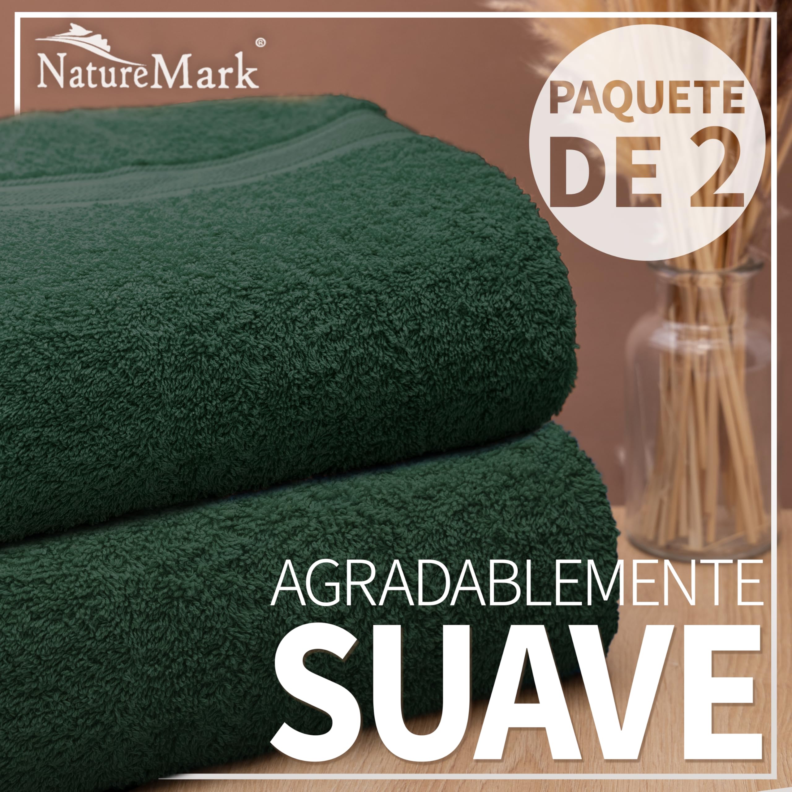 NatureMark Paquete de 2 Toallas de baño de 70 x 140 cm, Toalla de Ducha en Paquete Doble, Color: Verde Oscuro